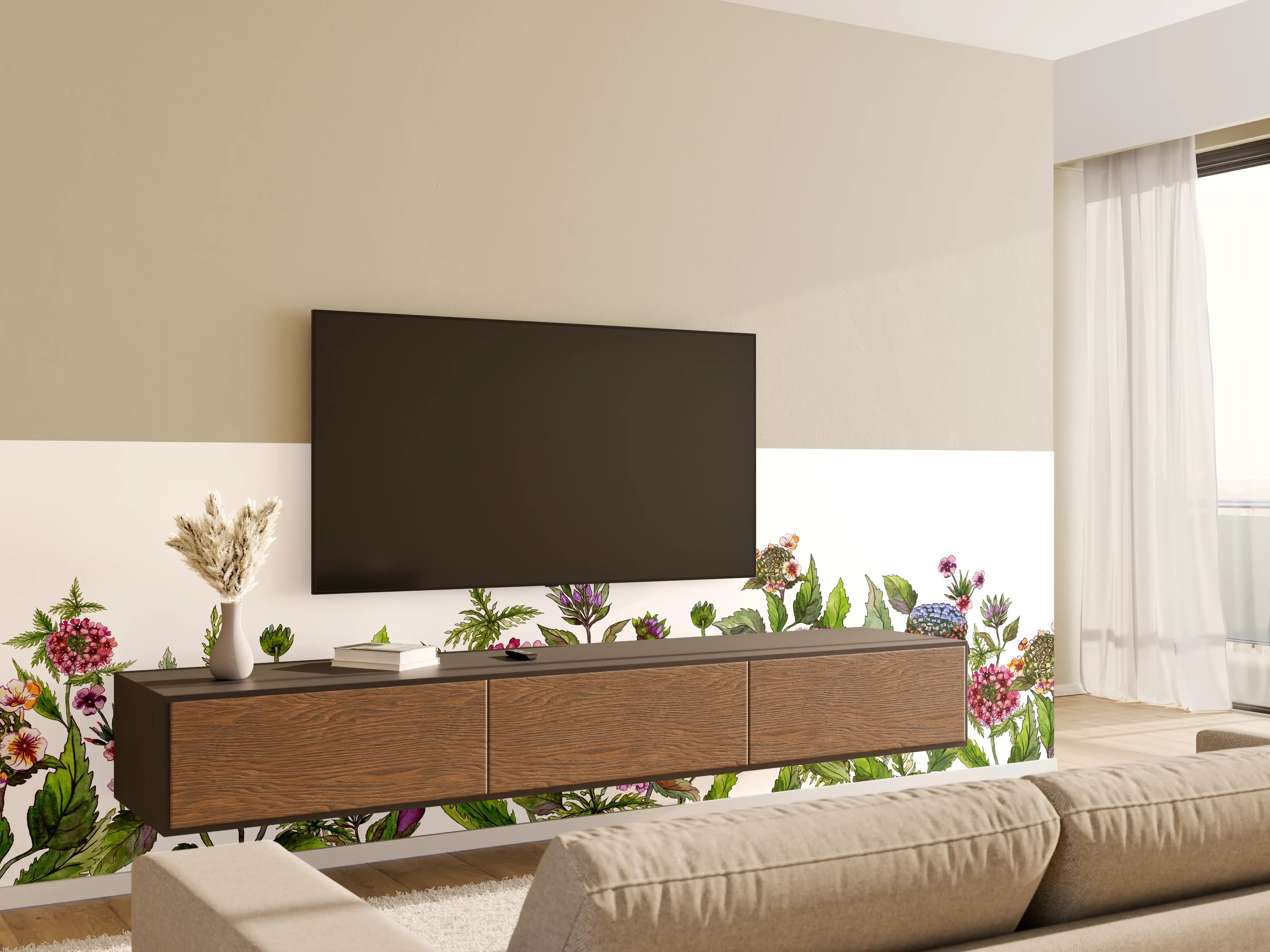 Wandverkleidung Wohnzimmer - Schöne Lantana-Blüten mit grünem Blätter
