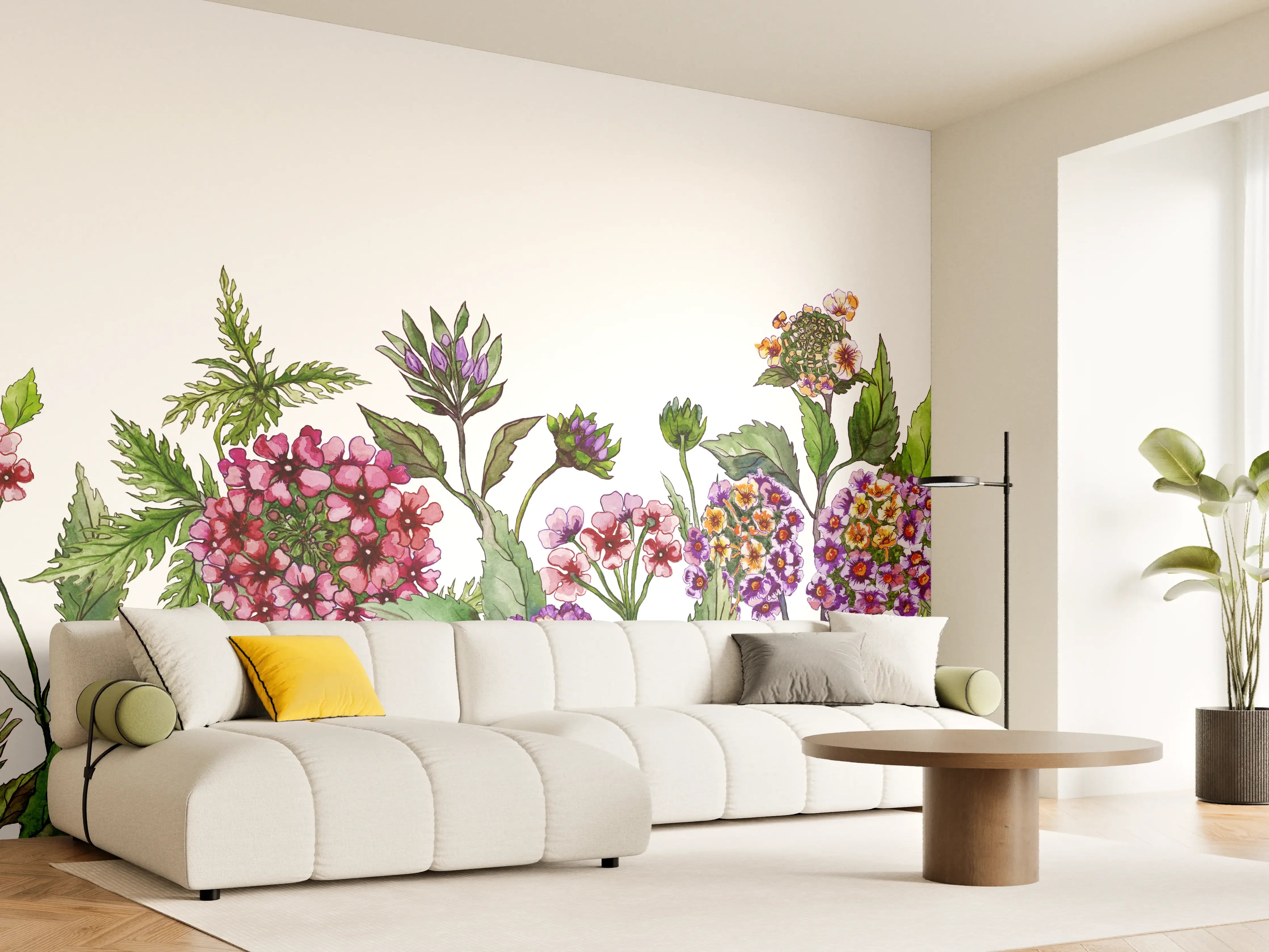 Wandverkleidung Wohnzimmer - Schöne Lantana-Blüten mit grünem Blätter
