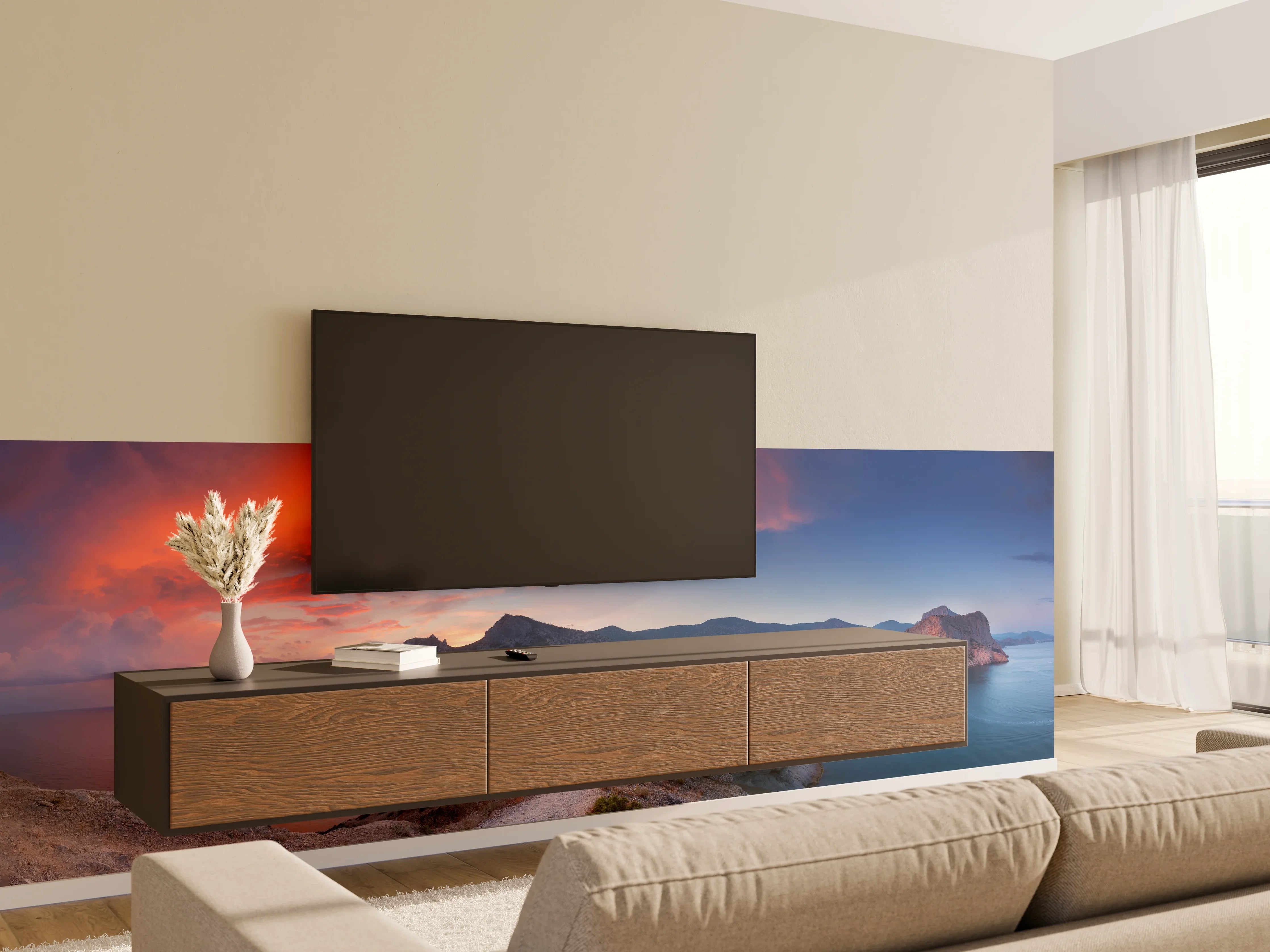 Wandverkleidung Wohnzimmer - Schöne Panoramalandschaft mit Bergen