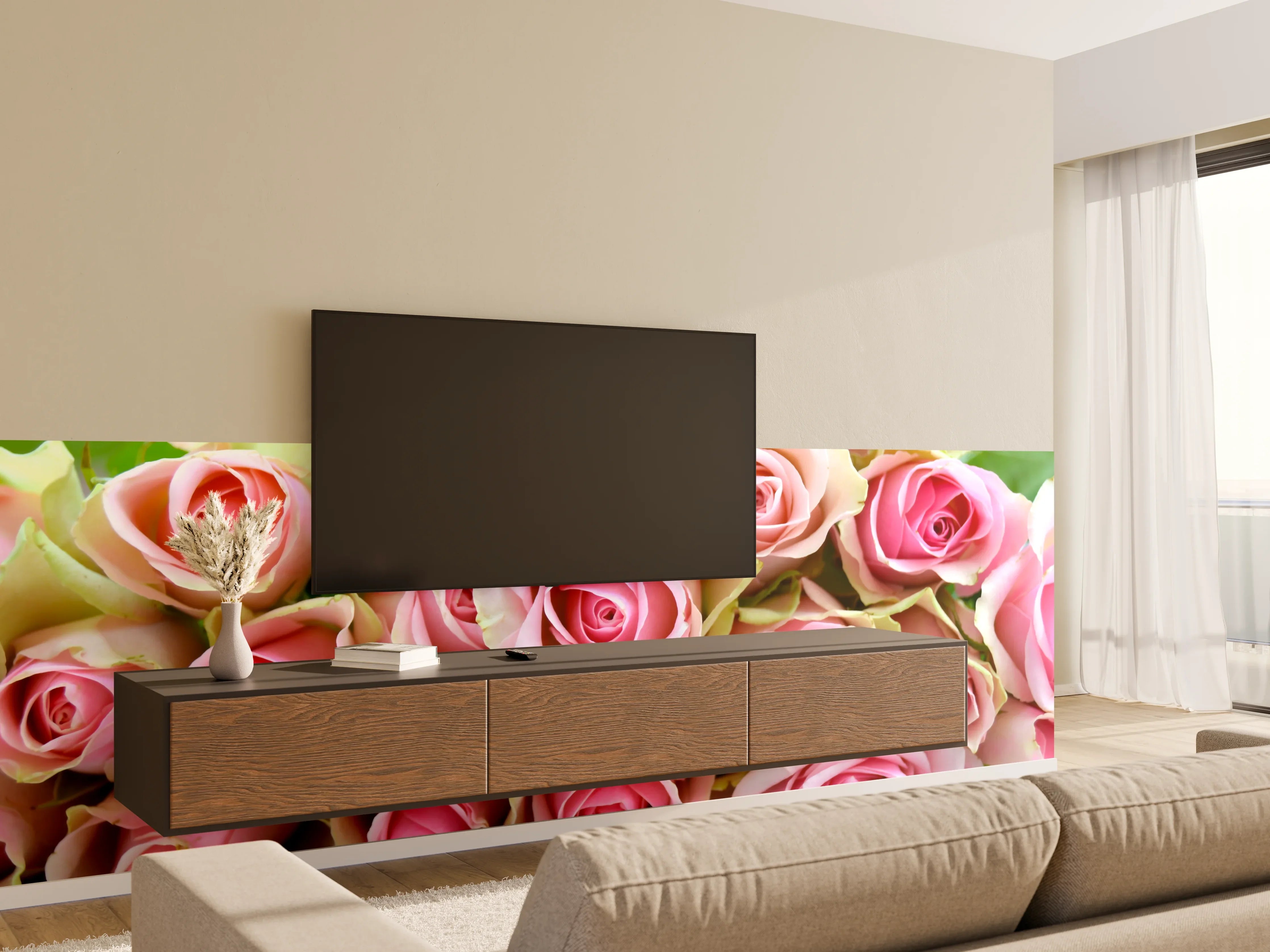 Wandverkleidung Wohnzimmer - Schöne rosa Rosen - Elegant und zart