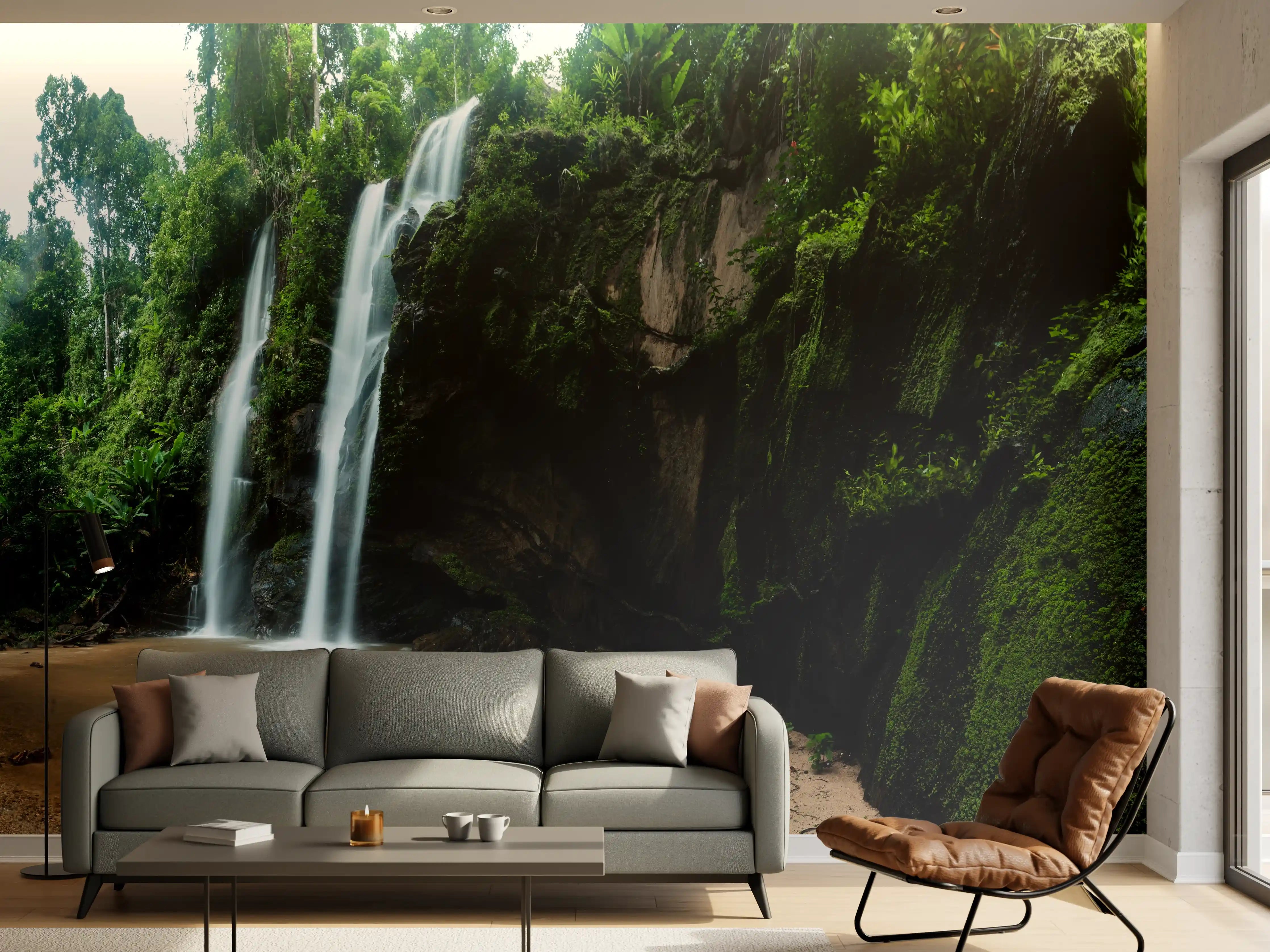 Wandverkleidung Wohnzimmer - Schöner Wasserfall im Dschungel