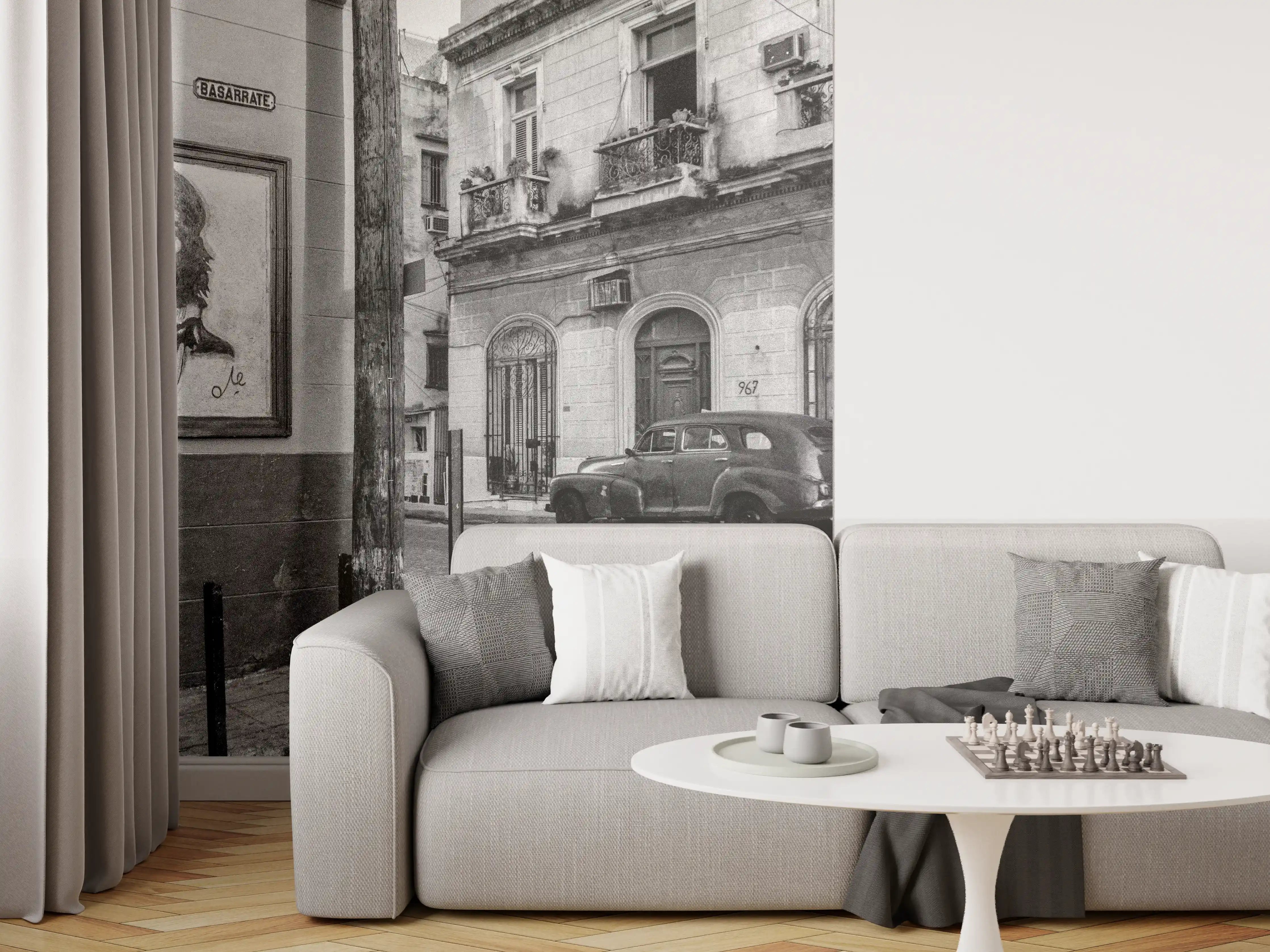 Wandverkleidung Wohnzimmer - Schwarz - weißes Stadtbild