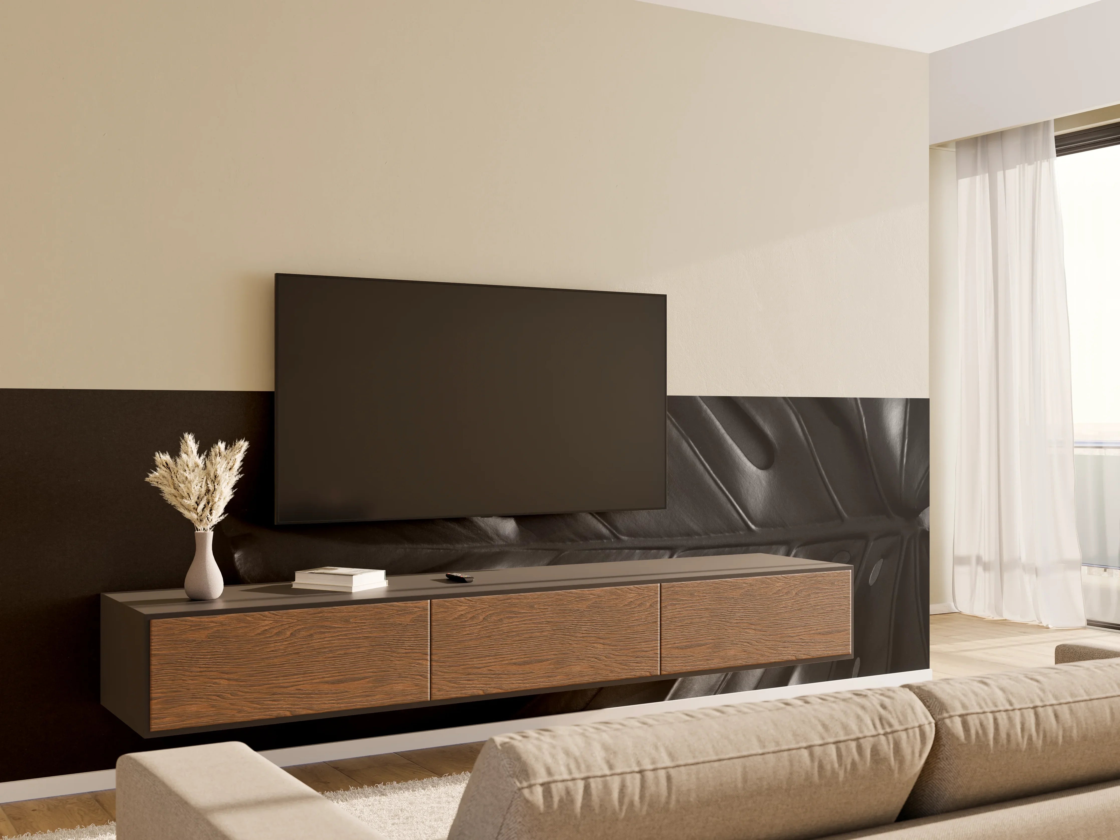Wandverkleidung Wohnzimmer - Schwarz-Revierte Blätter im modernen Design