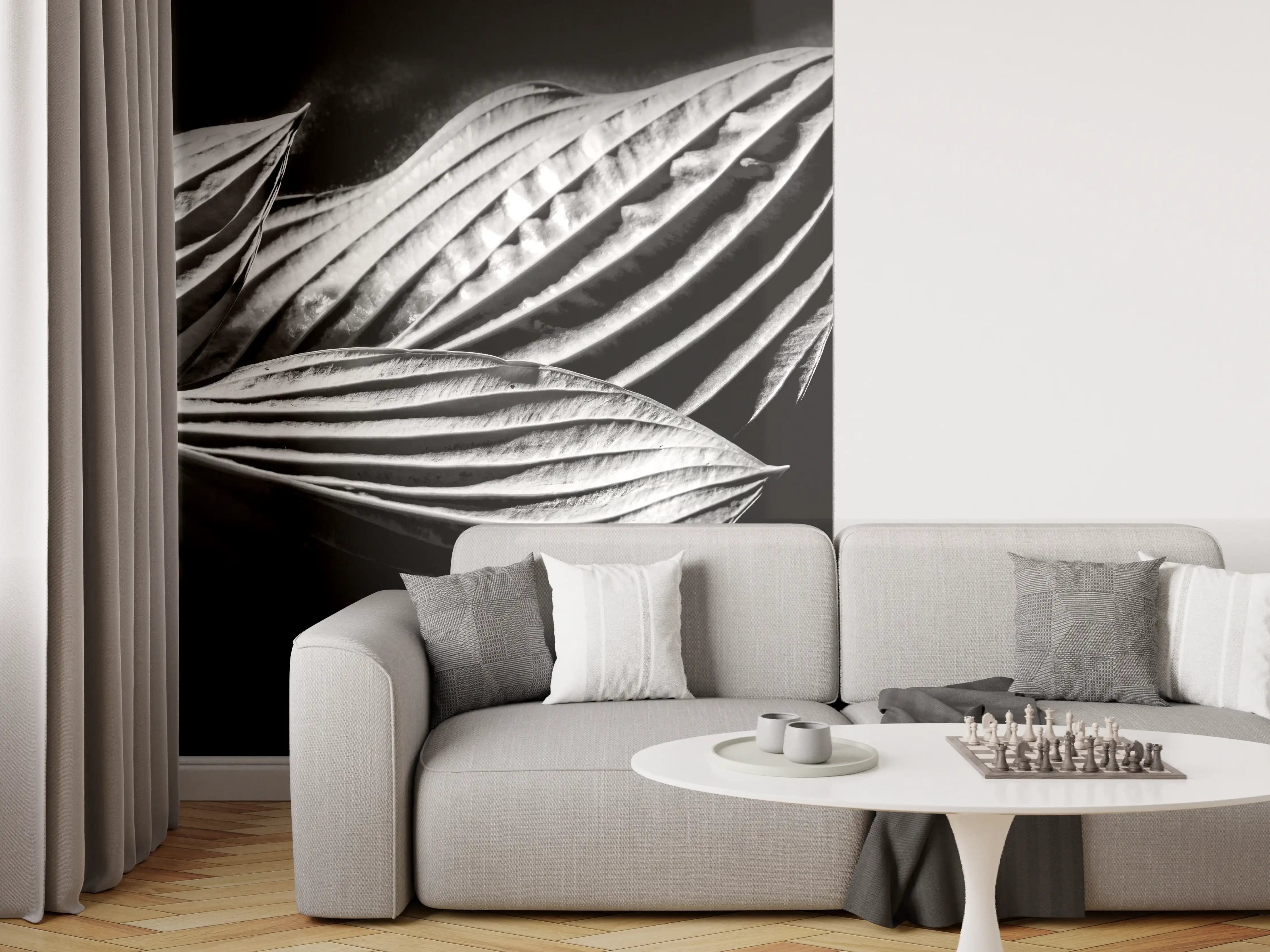 Wandverkleidung Wohnzimmer - Schwarz-Weiß-Blätter-Detail