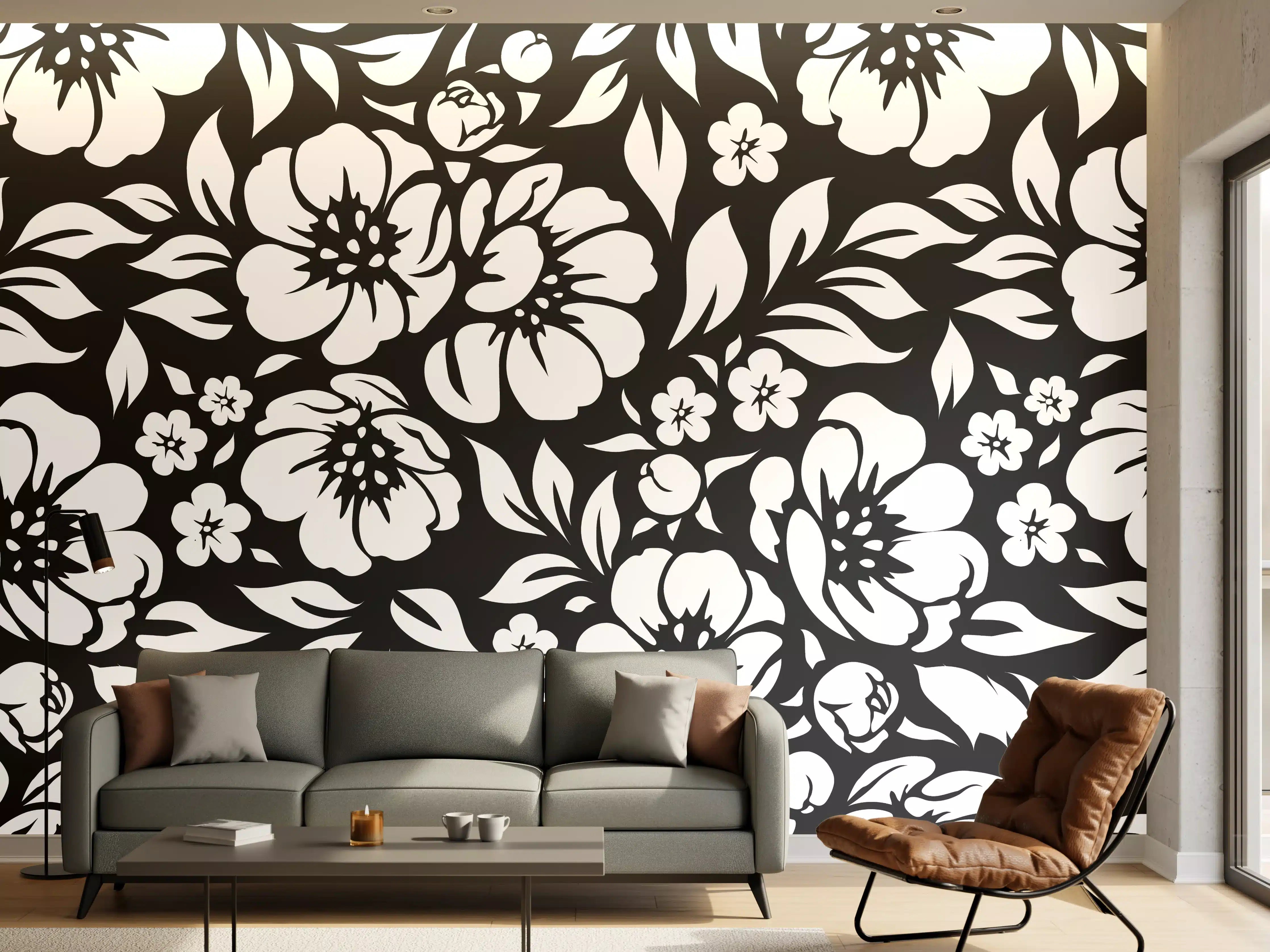 Wandverkleidung Wohnzimmer - Schwarz-Weiß Blumenmuster mit Grautönen