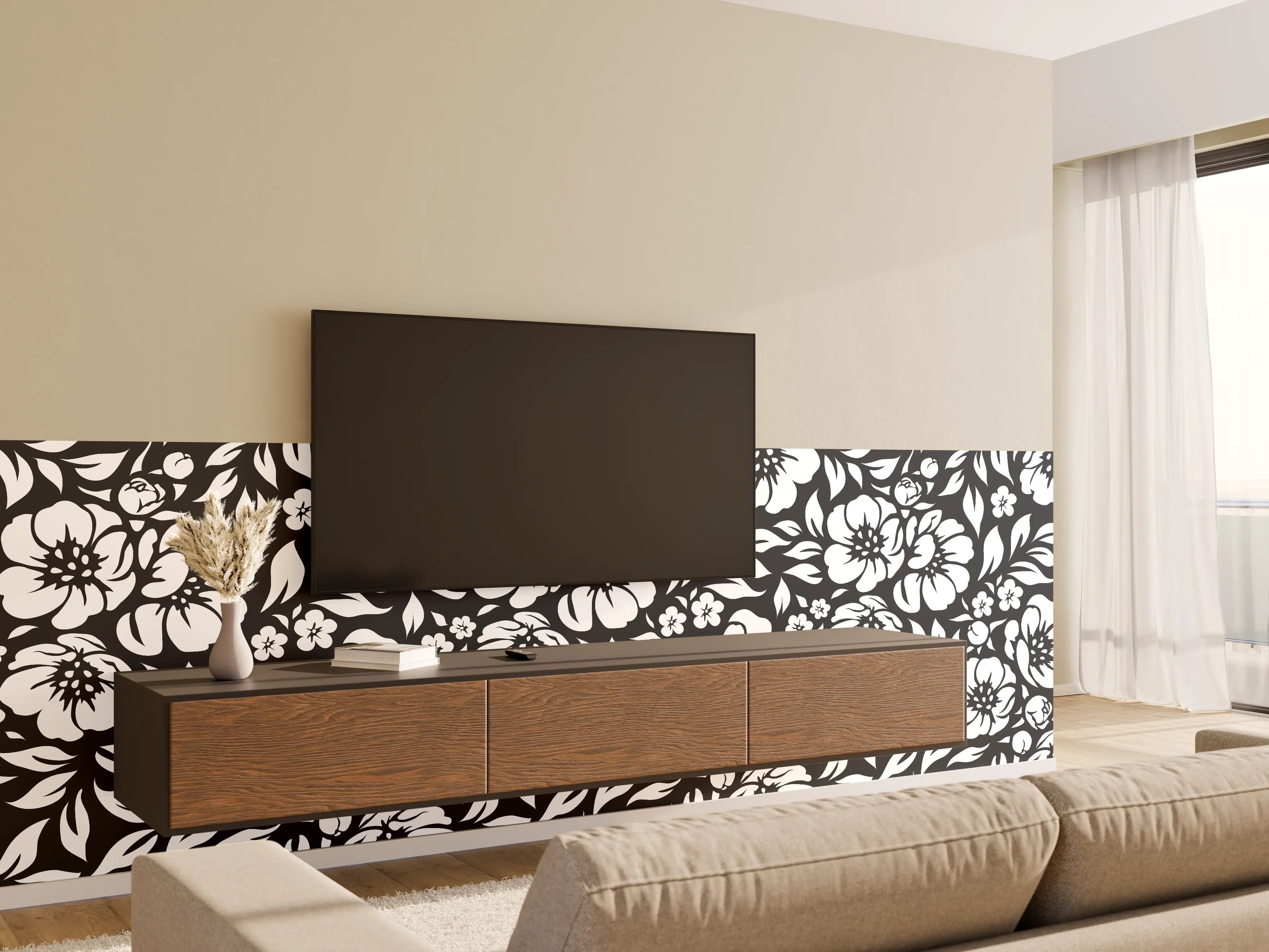 Wandverkleidung Wohnzimmer - Schwarz-Weiß Blumenmuster mit Grautönen