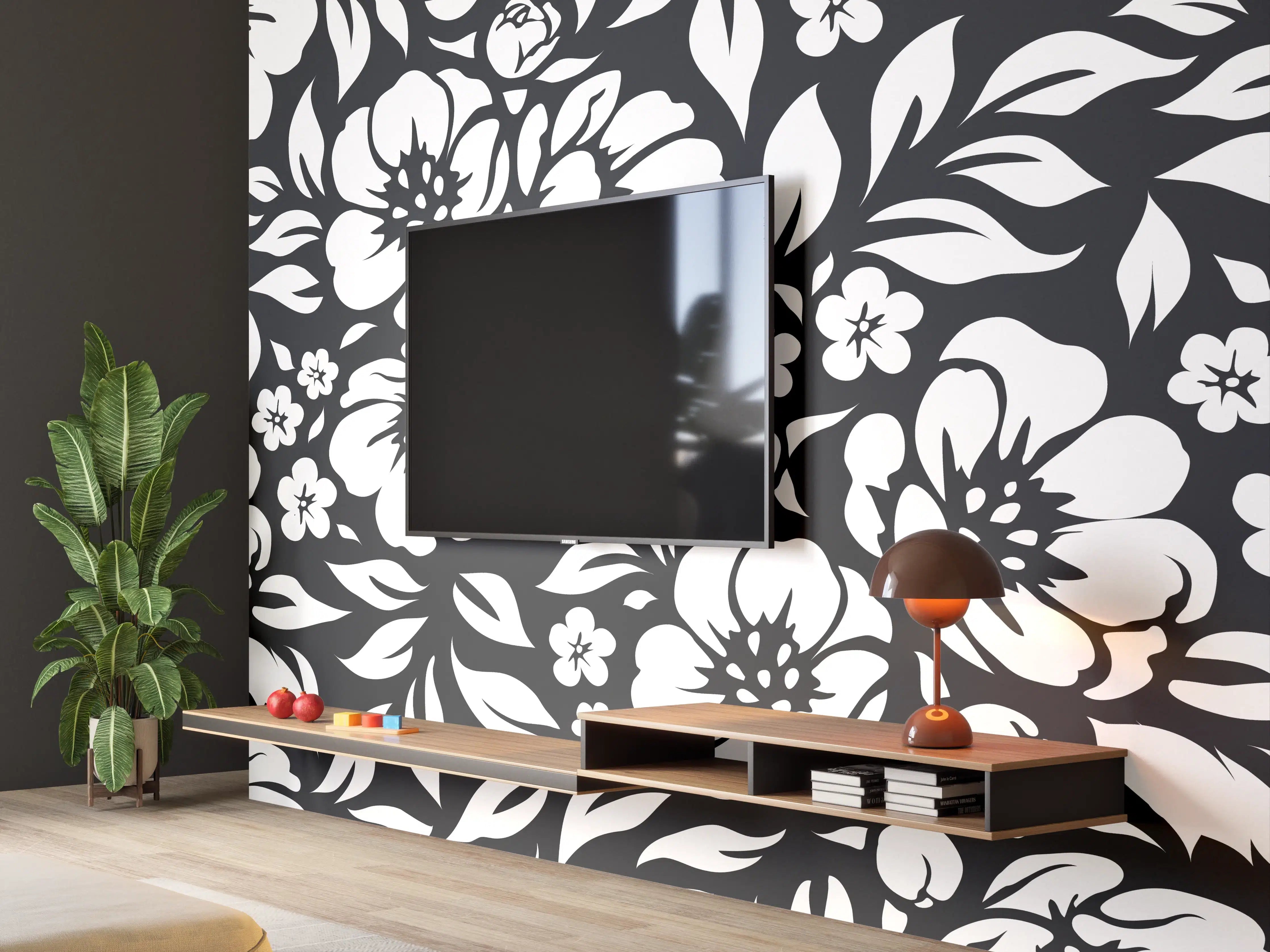 Wandverkleidung Wohnzimmer - Schwarz-Weiß Blumenmuster mit Grautönen