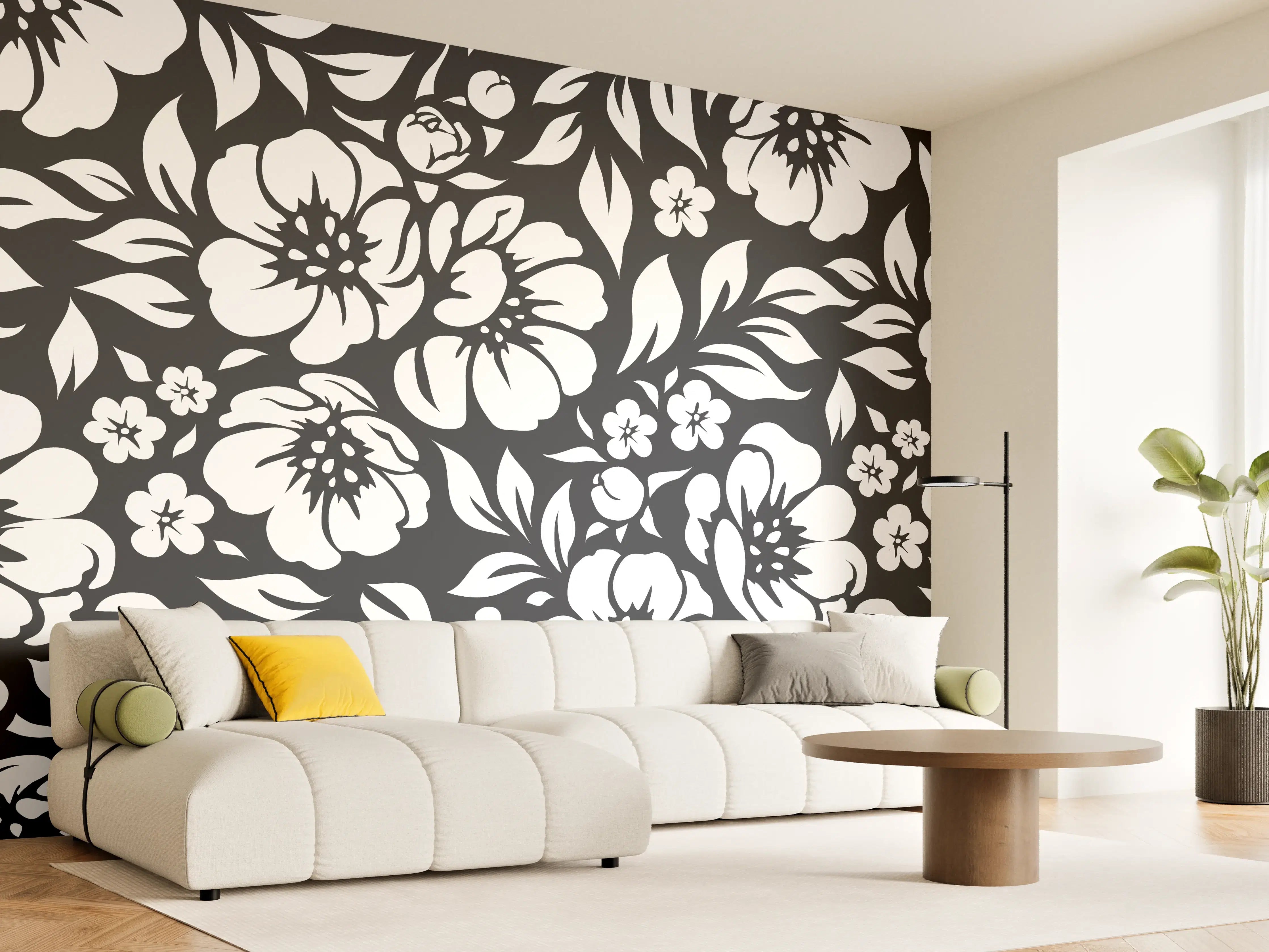 Wandverkleidung Wohnzimmer - Schwarz-Weiß Blumenmuster mit Grautönen