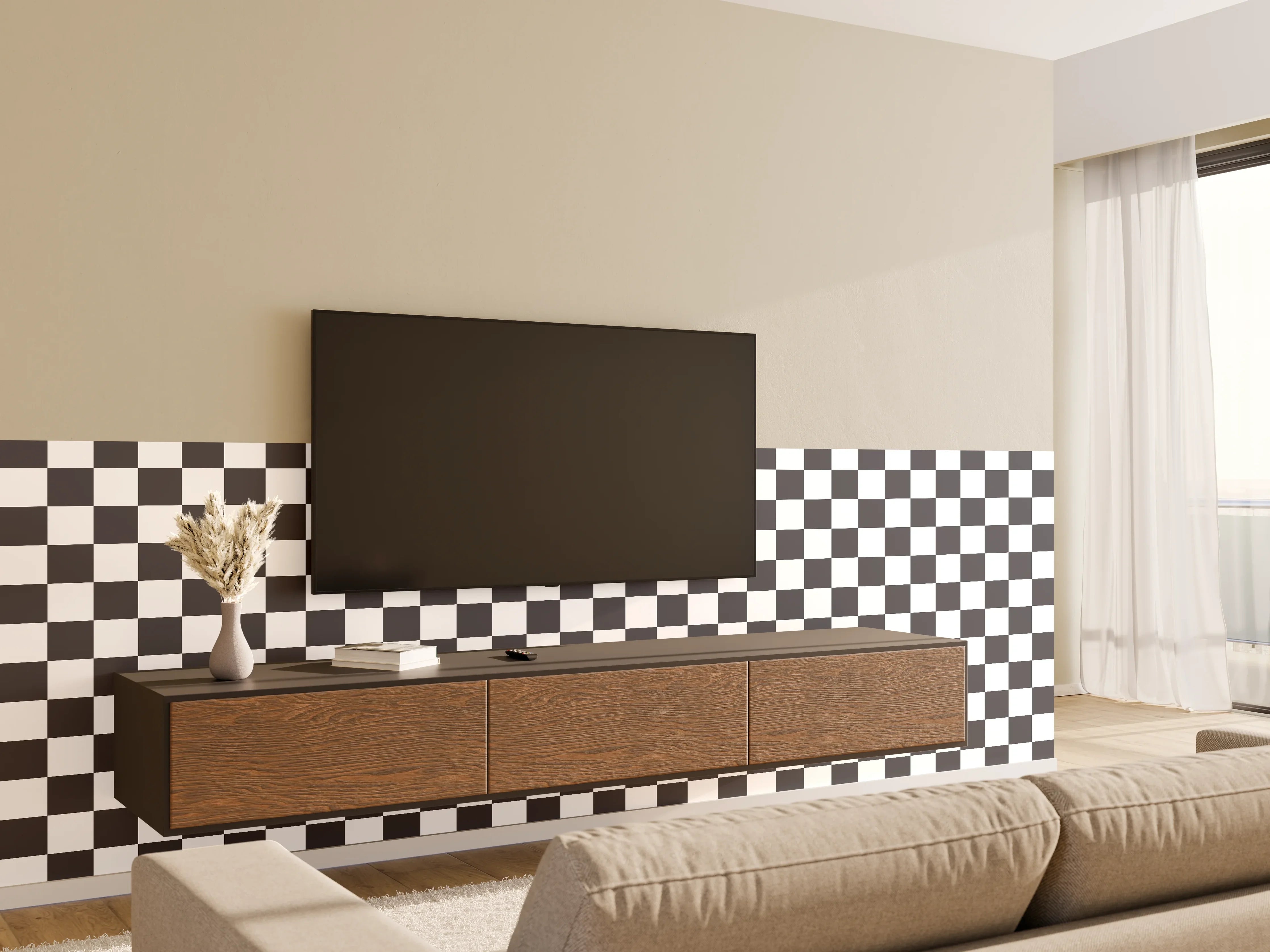 Wandverkleidung Wohnzimmer - Schwarz-Weiß Checkermuster