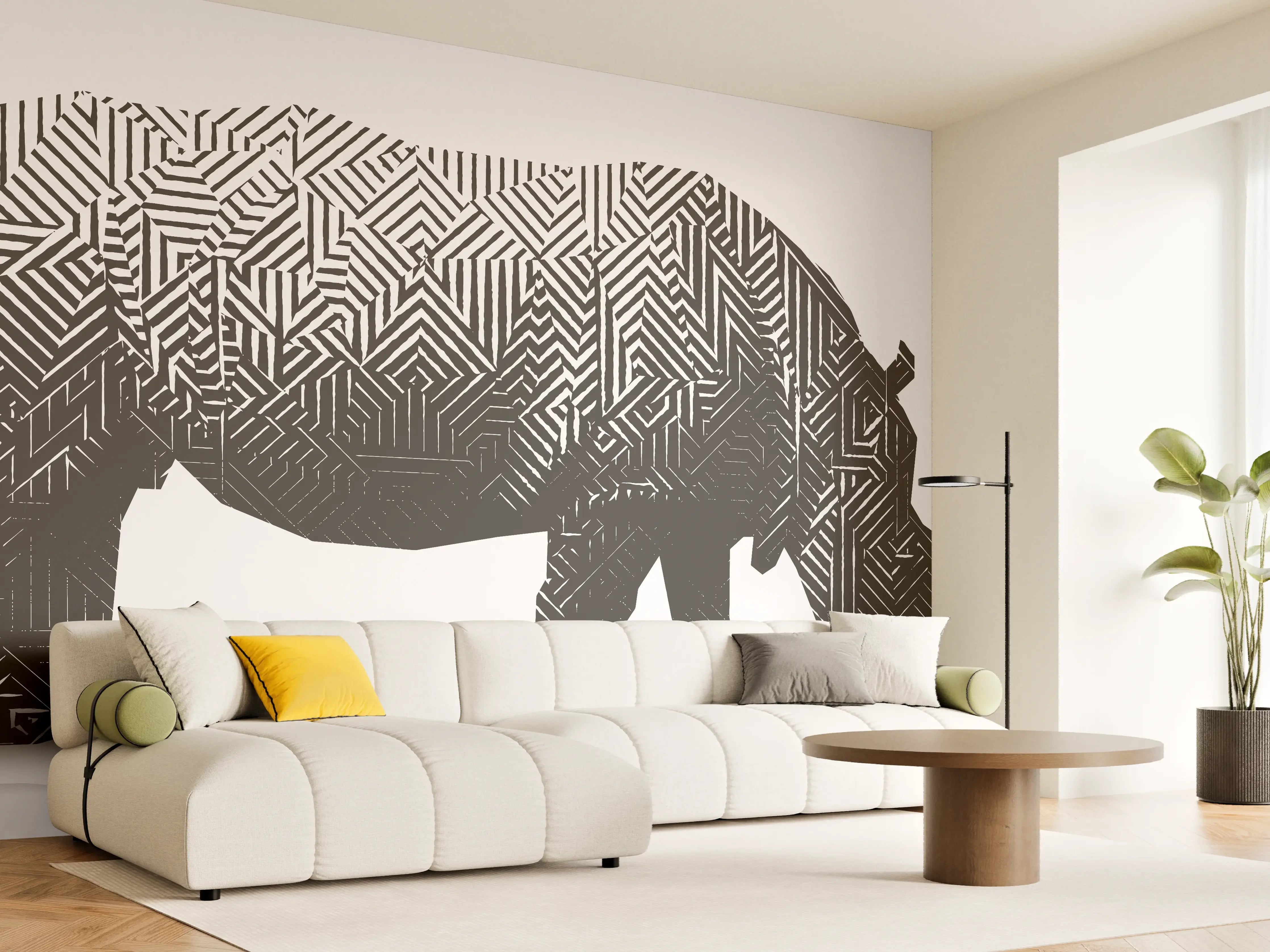 Wandverkleidung Wohnzimmer - Schwarz-Weiß Grafik Nashorn