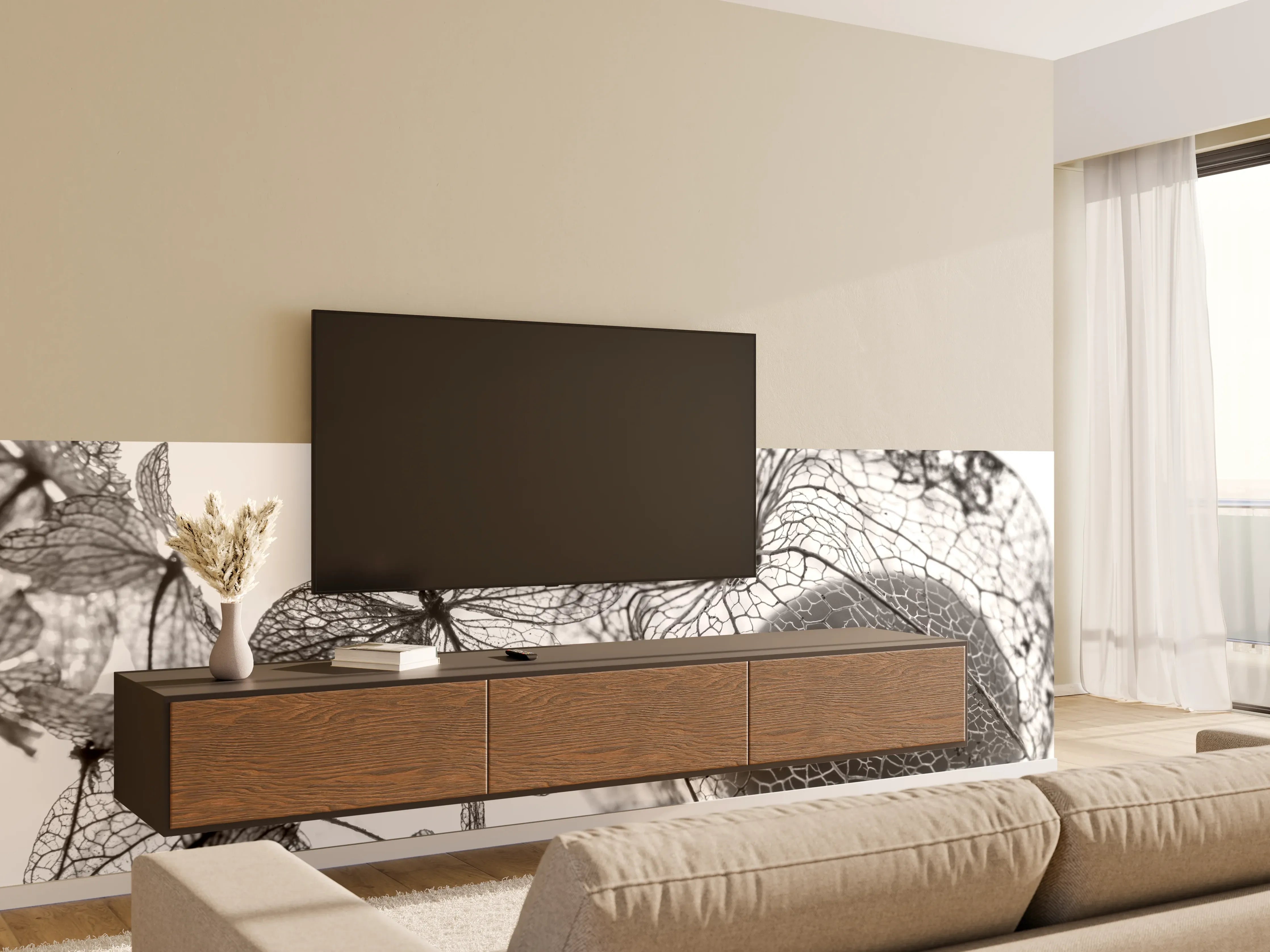 Wandverkleidung Wohnzimmer - Schwarz-Weiß-Limetten-Design mit filigranen Mustern