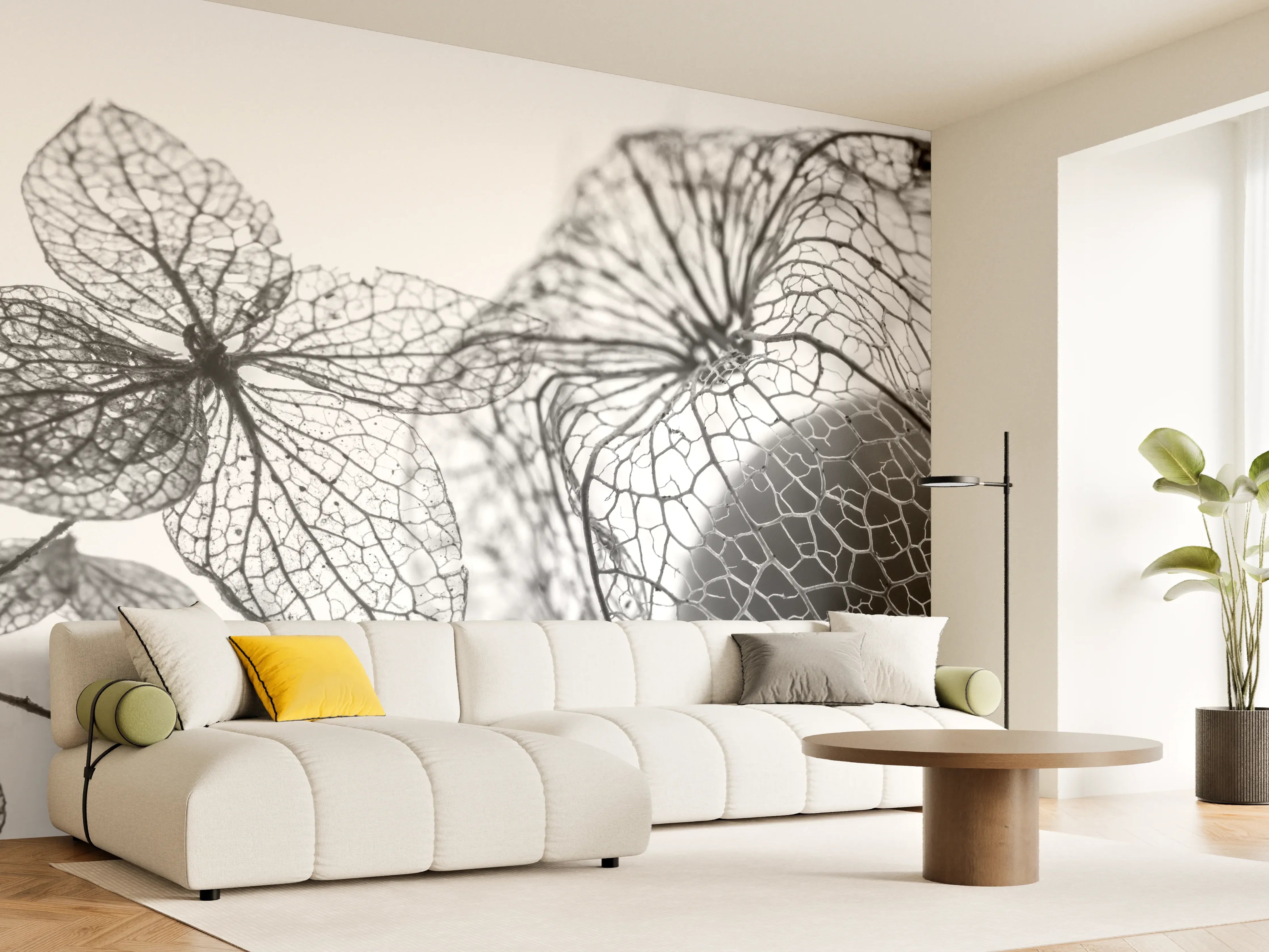 Wandverkleidung Wohnzimmer - Schwarz-Weiß-Limetten-Design mit filigranen Mustern