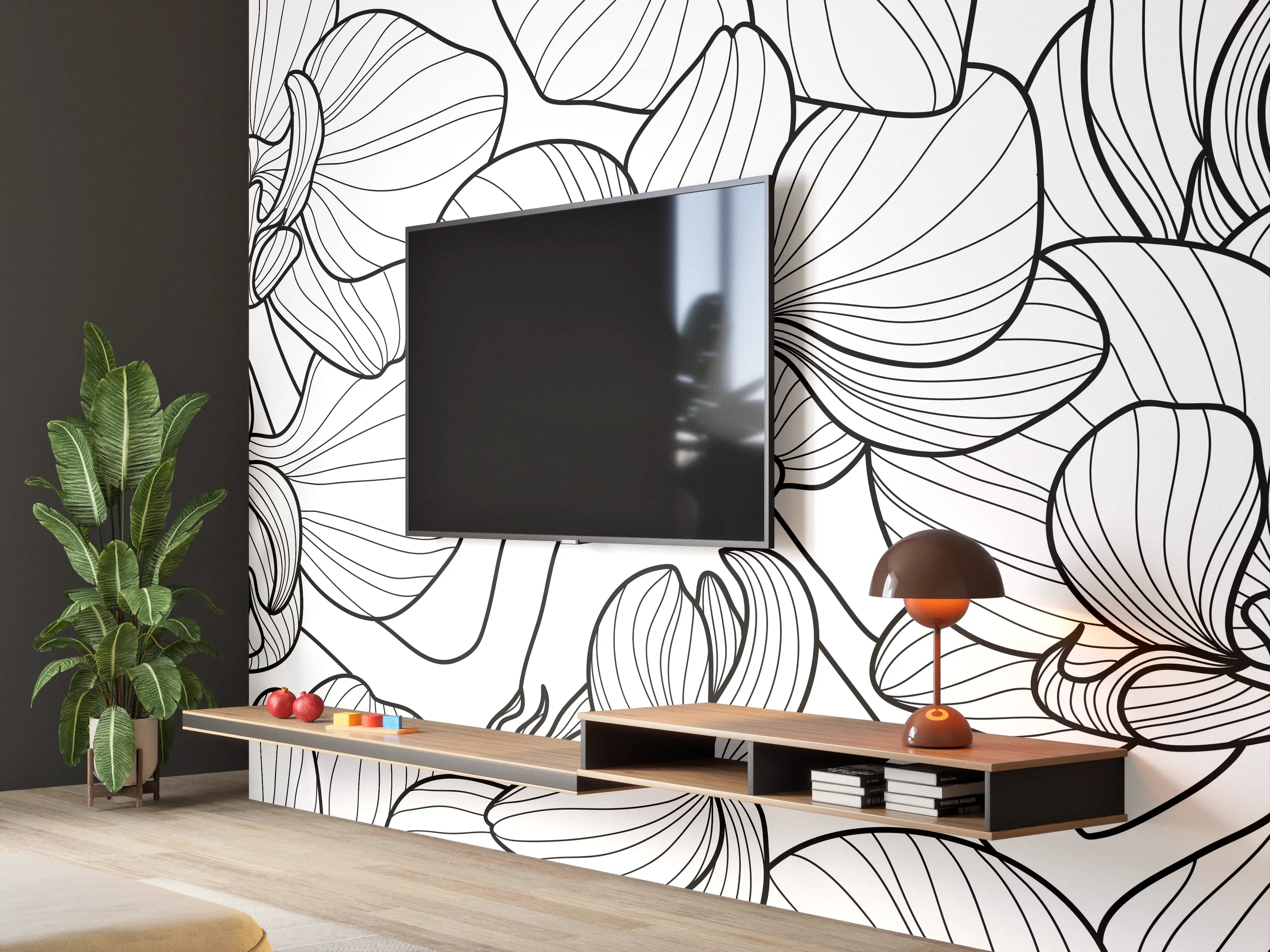 Wandverkleidung Wohnzimmer - Schwarz-Weiß Orchideenzeichnung