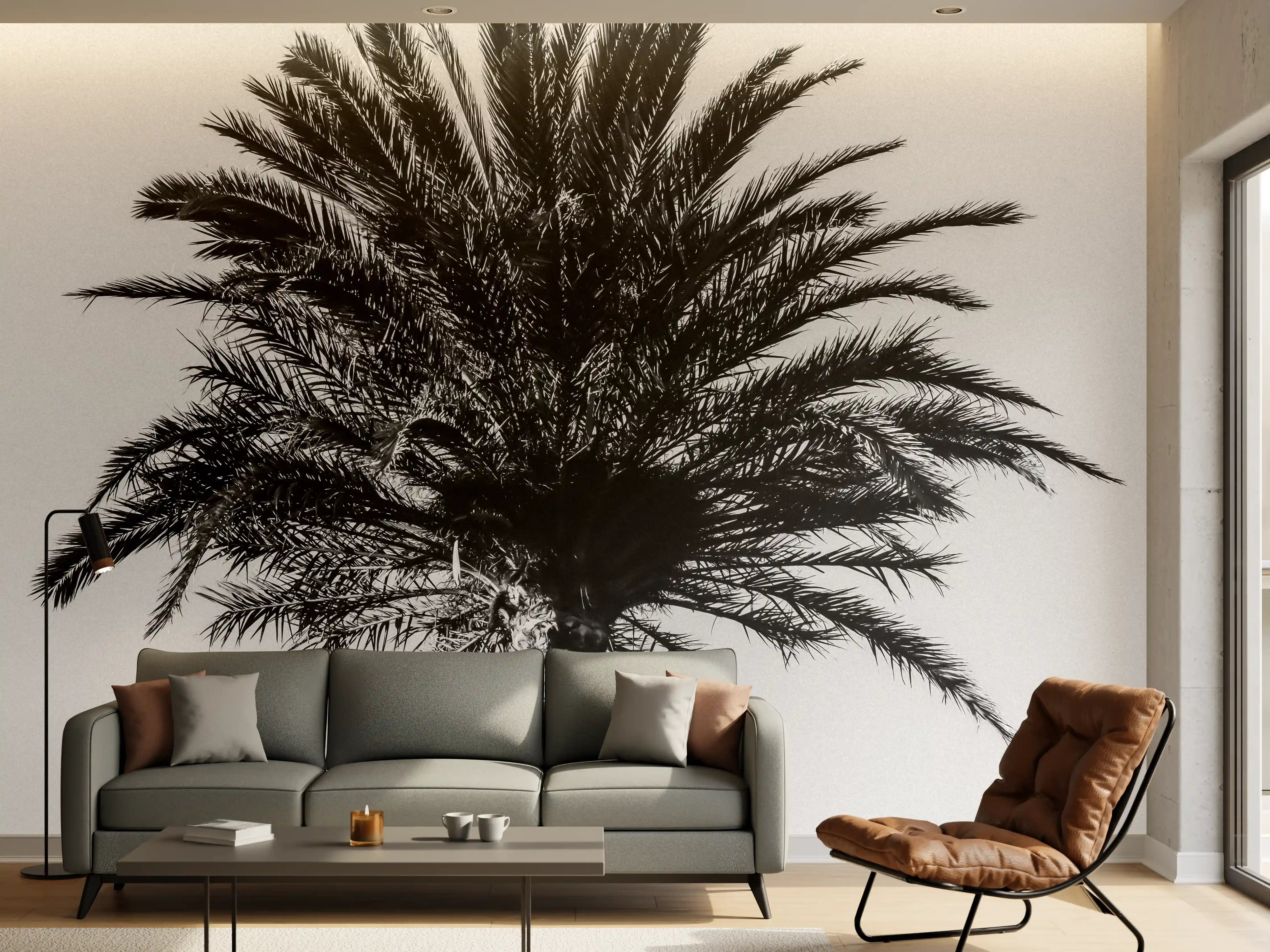 Wandverkleidung Wohnzimmer - Schwarz-Weiß-Palme in Minimalistischem Stil