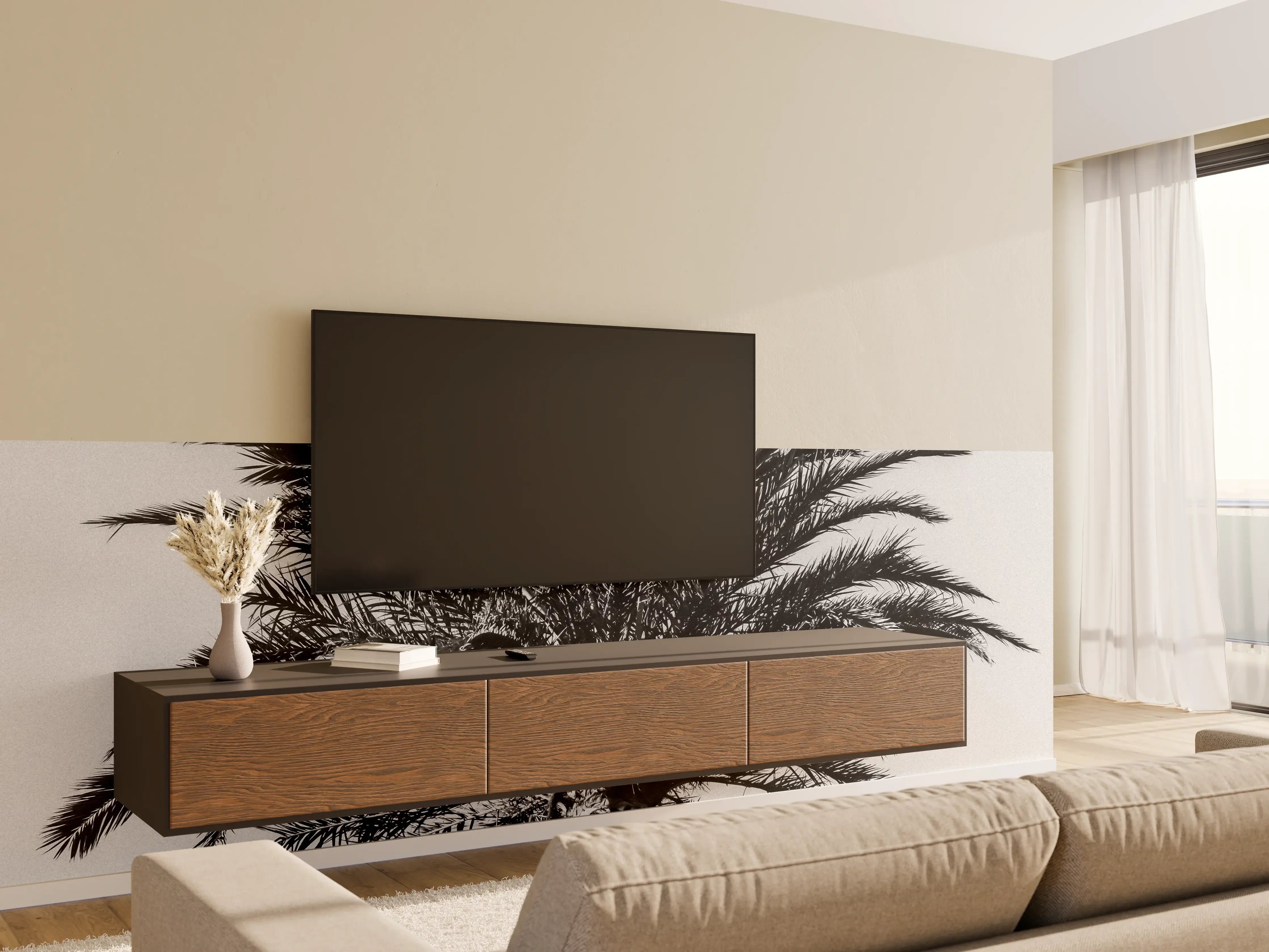 Wandverkleidung Wohnzimmer - Schwarz-Weiß-Palme in Minimalistischem Stil