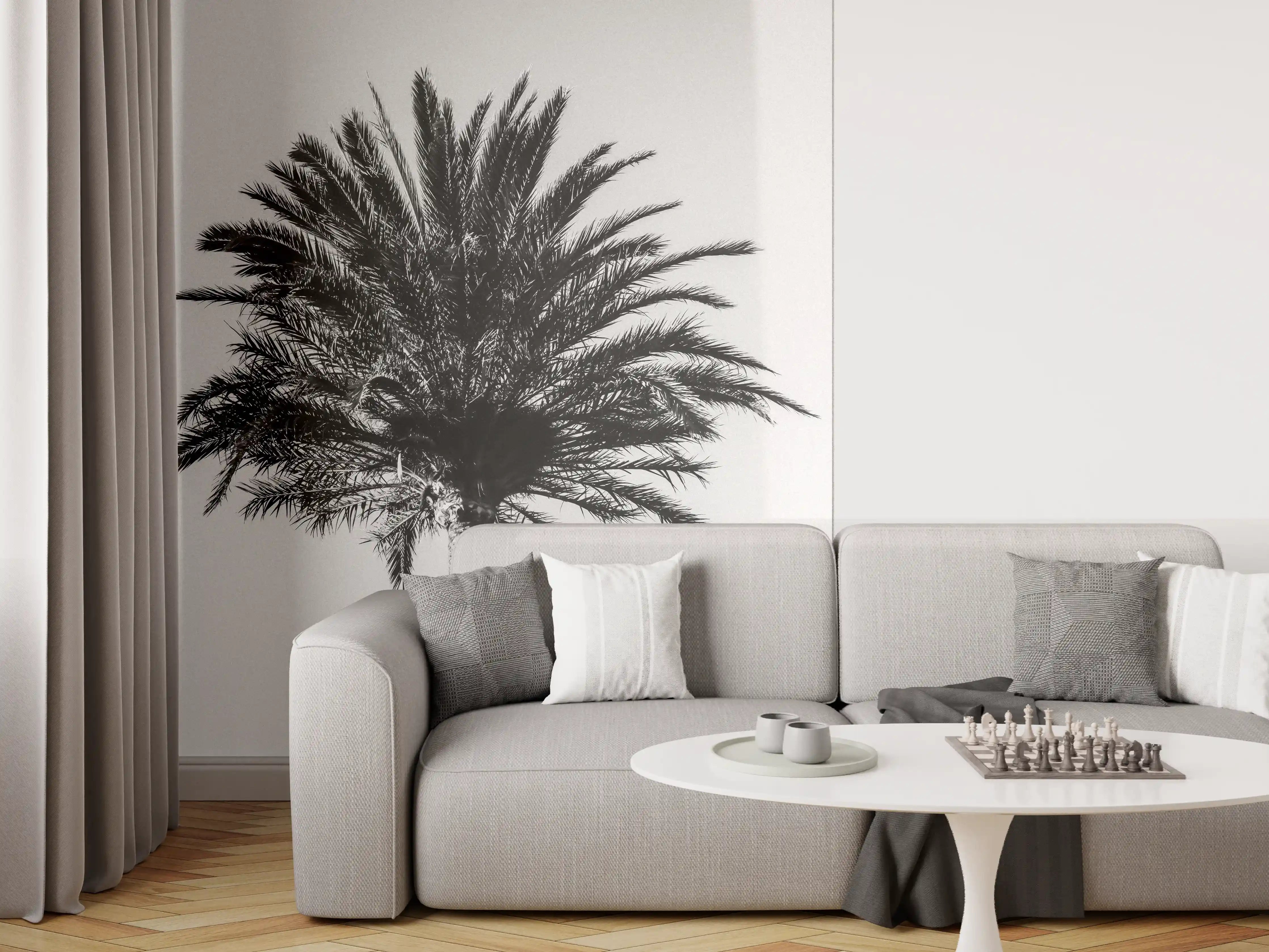 Wandverkleidung Wohnzimmer - Schwarz-Weiß-Palme in Minimalistischem Stil