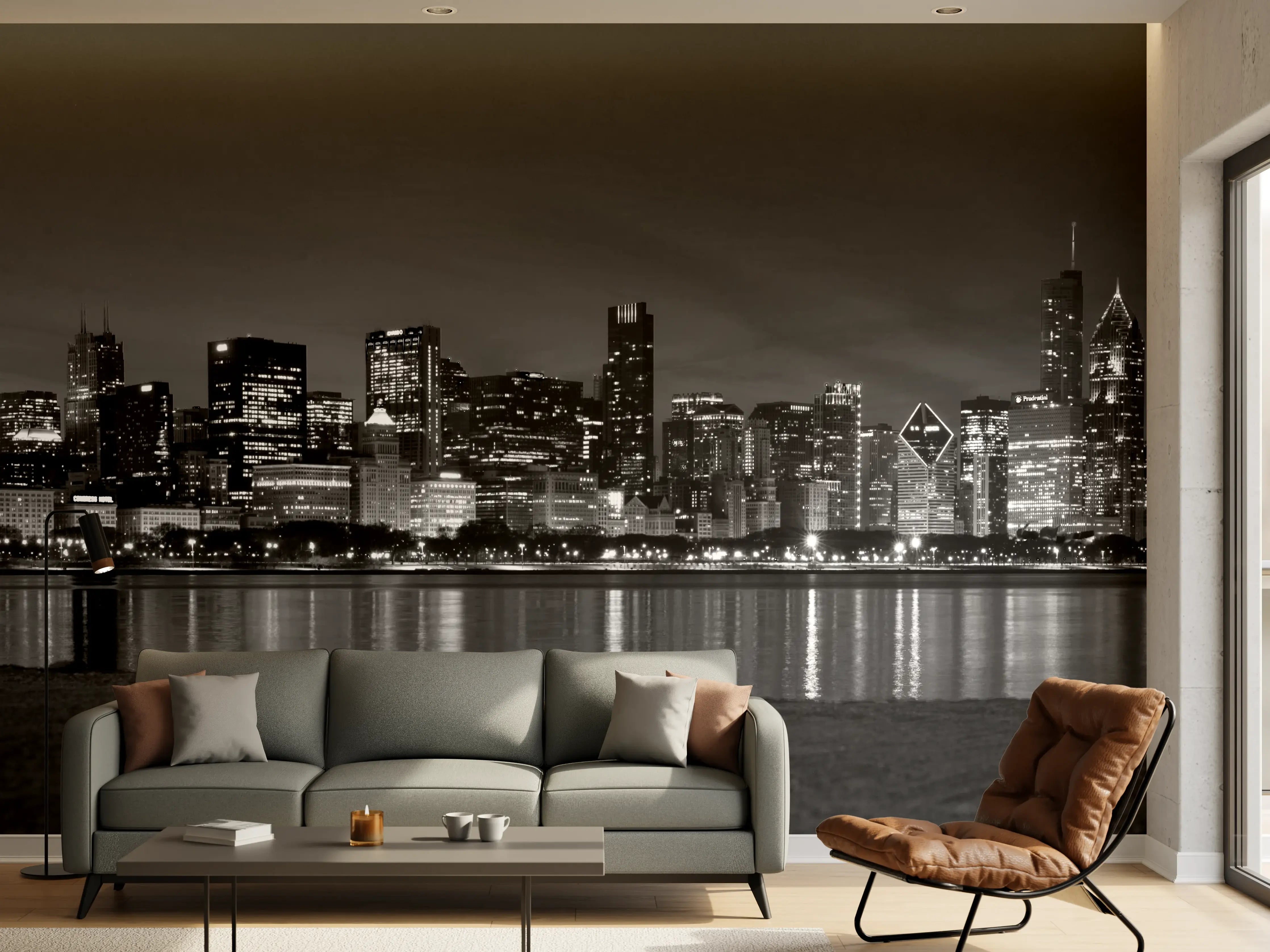 Wandverkleidung Wohnzimmer - Schwarz-Weiß Stadtbild bei Nacht