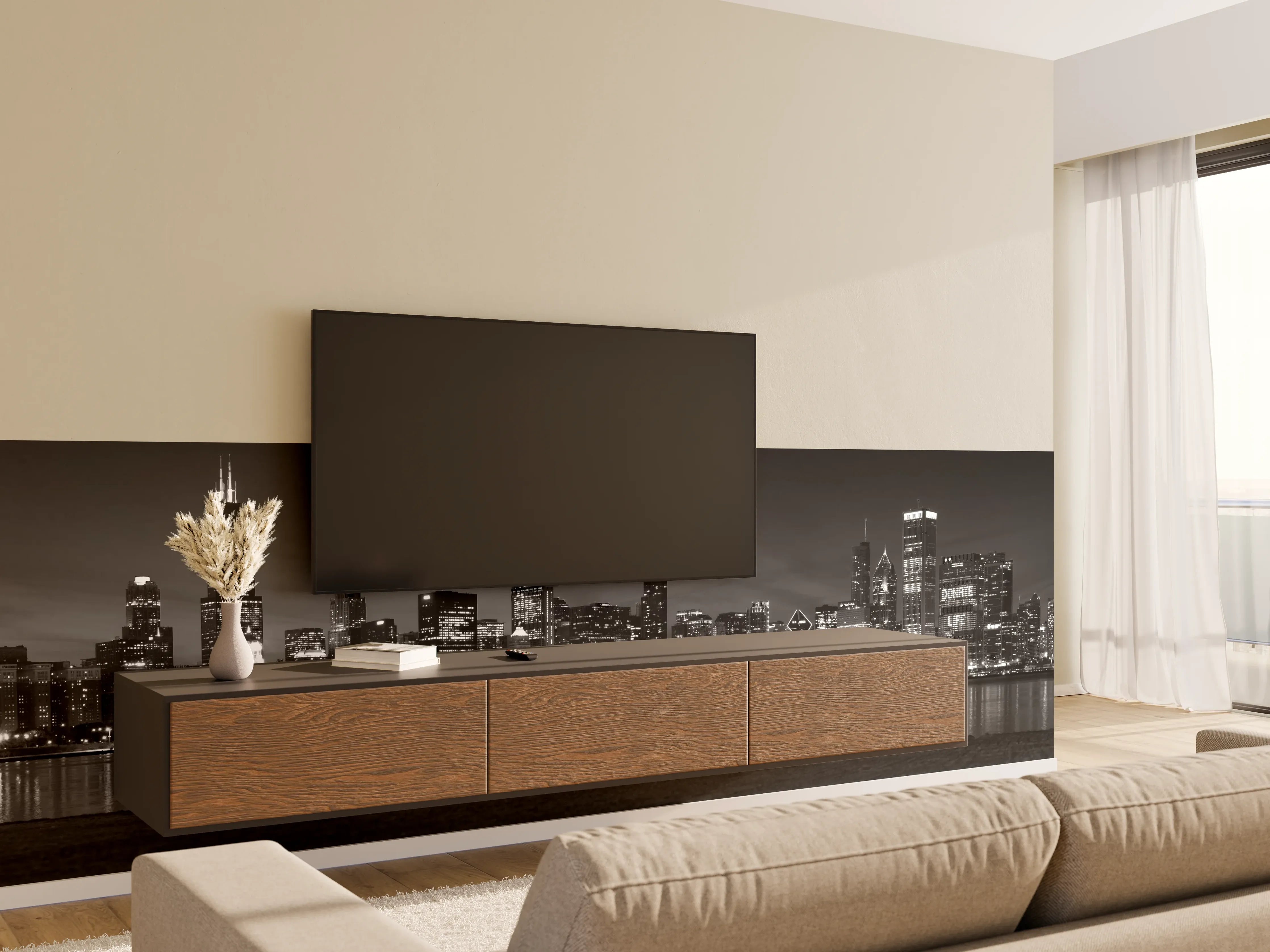 Wandverkleidung Wohnzimmer - Schwarz-Weiß Stadtbild bei Nacht