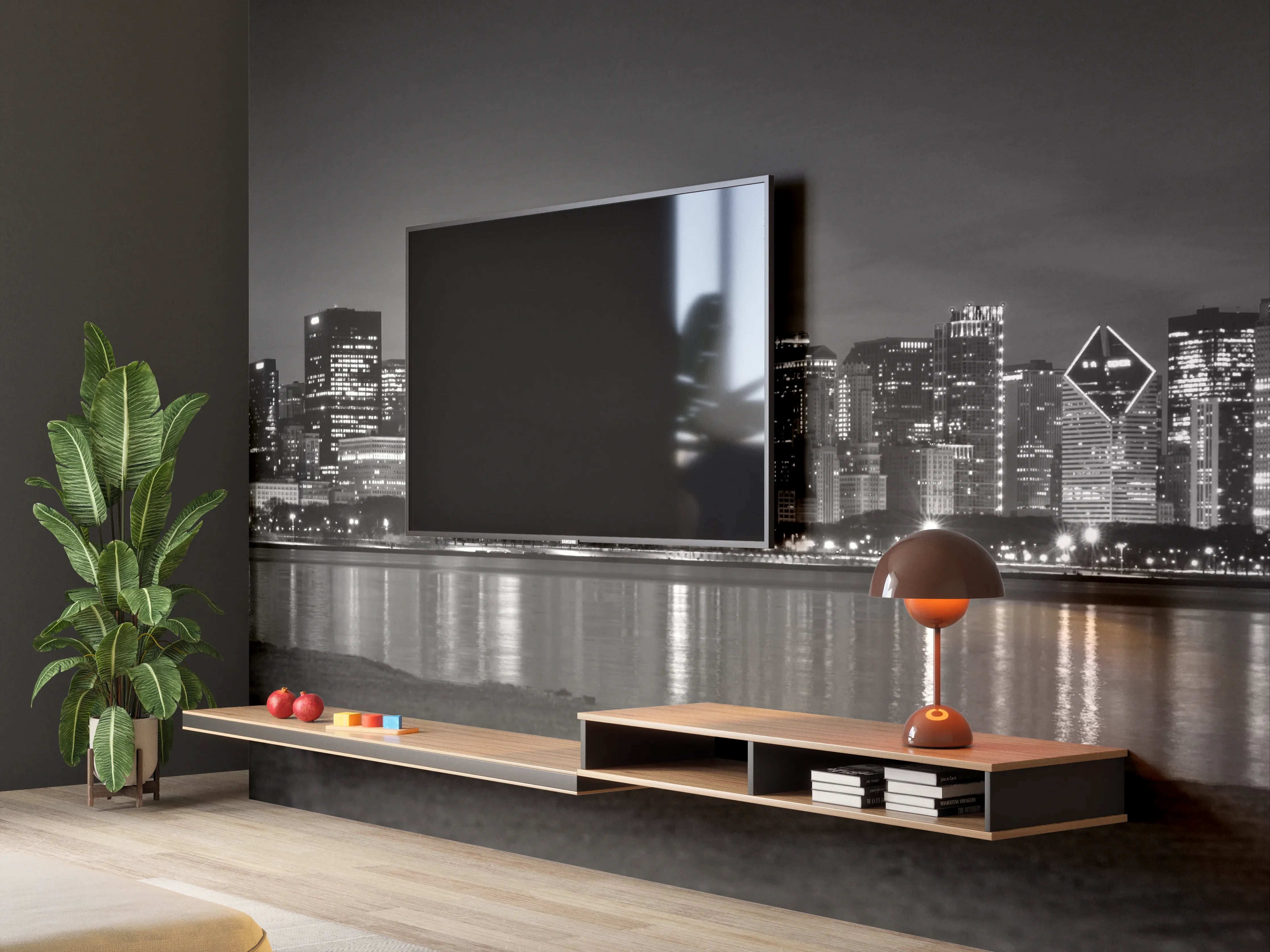 Wandverkleidung Wohnzimmer - Schwarz-Weiß Stadtbild bei Nacht