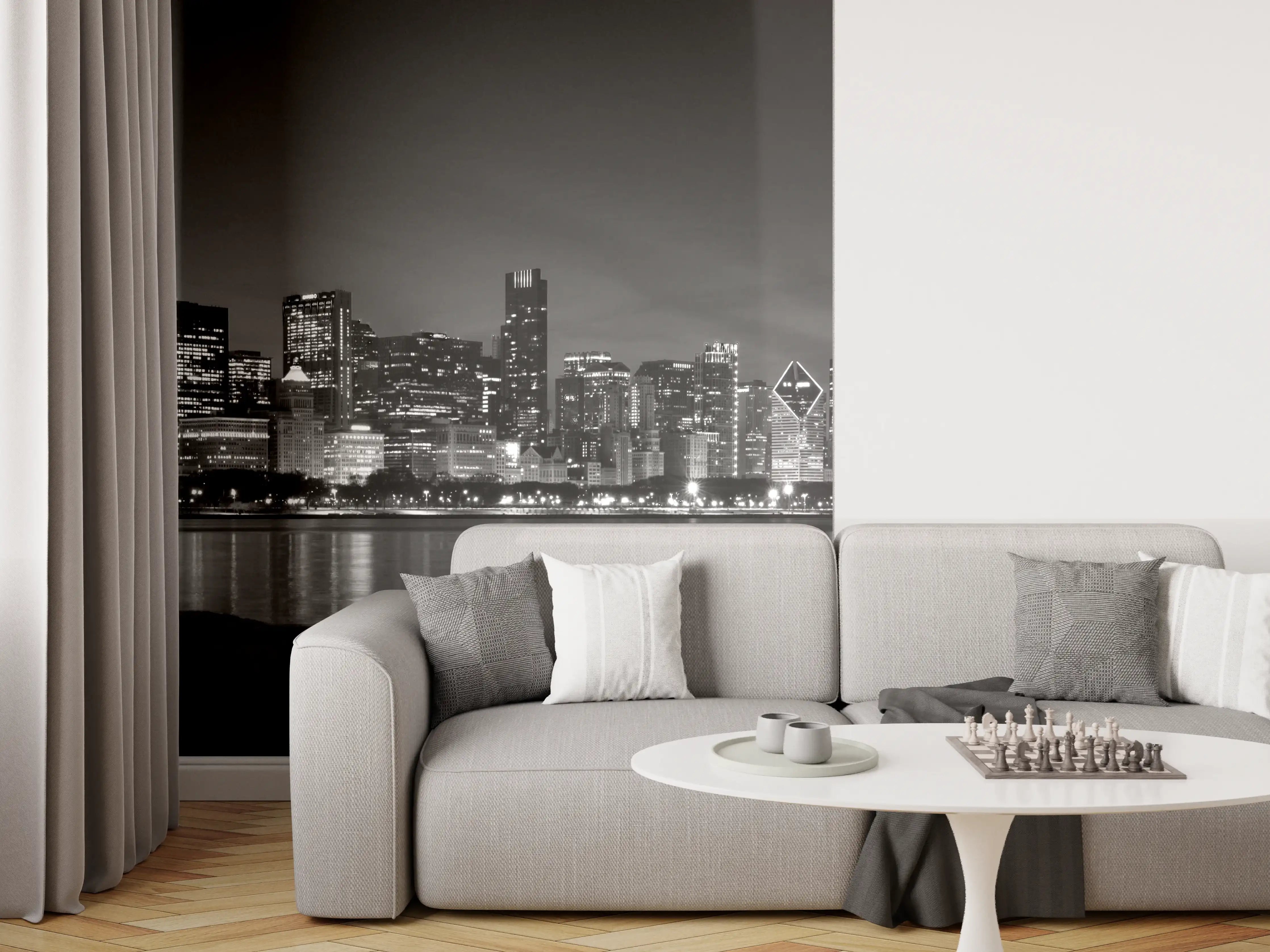 Wandverkleidung Wohnzimmer - Schwarz-Weiß Stadtbild bei Nacht