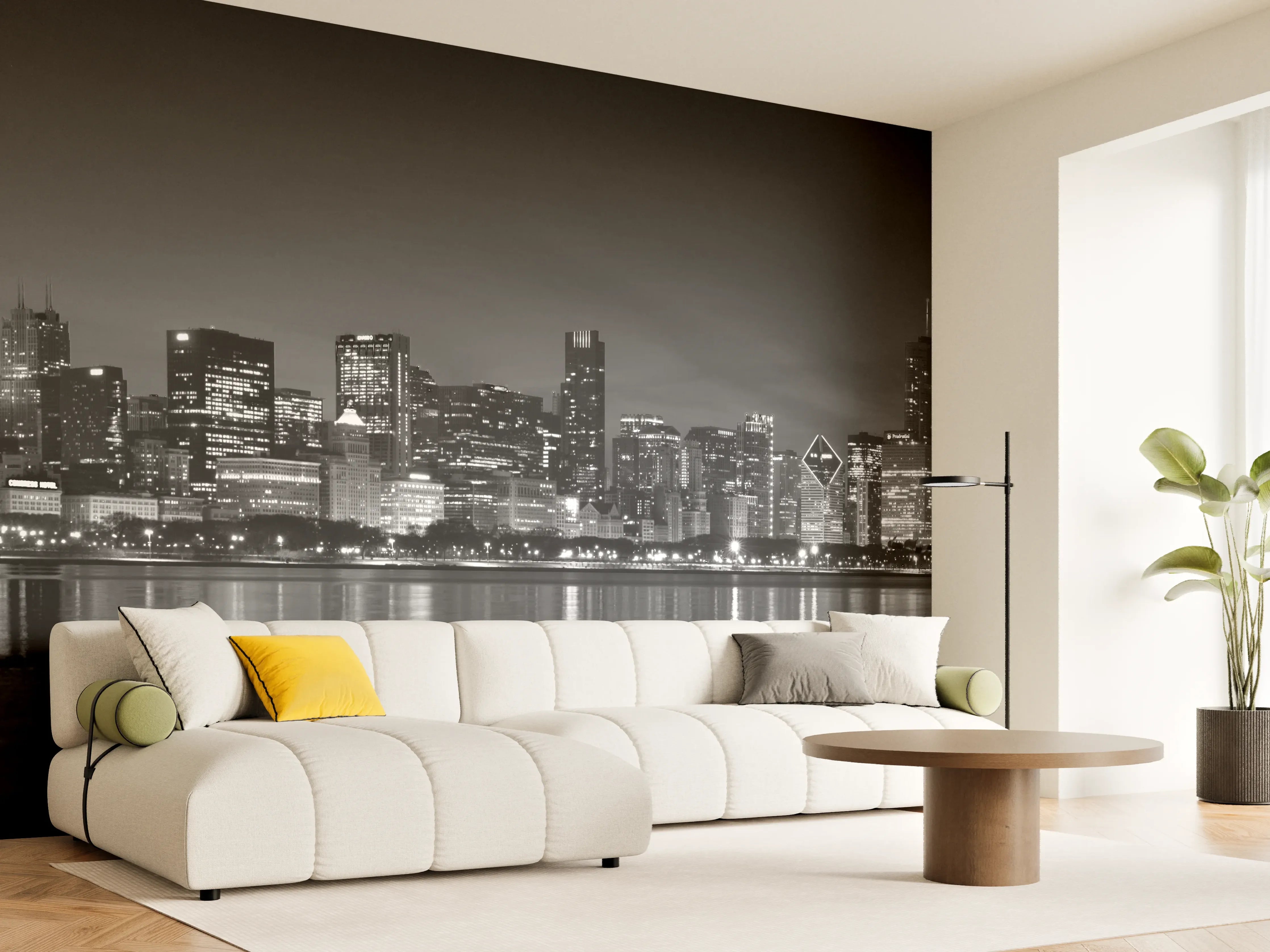 Wandverkleidung Wohnzimmer - Schwarz-Weiß Stadtbild bei Nacht