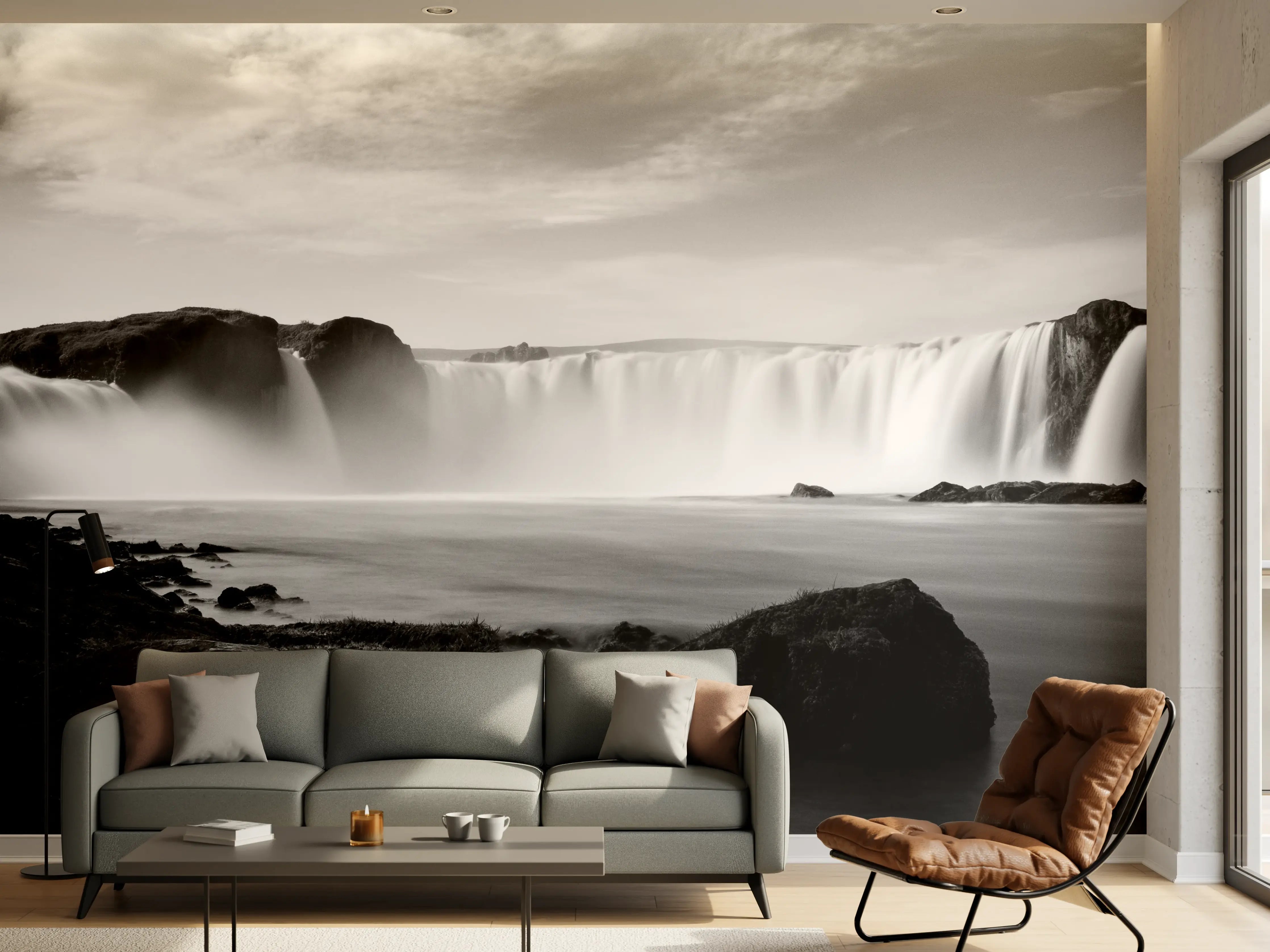 Wandverkleidung Wohnzimmer - Schwarz-Weiß Wasserfall Landschaft