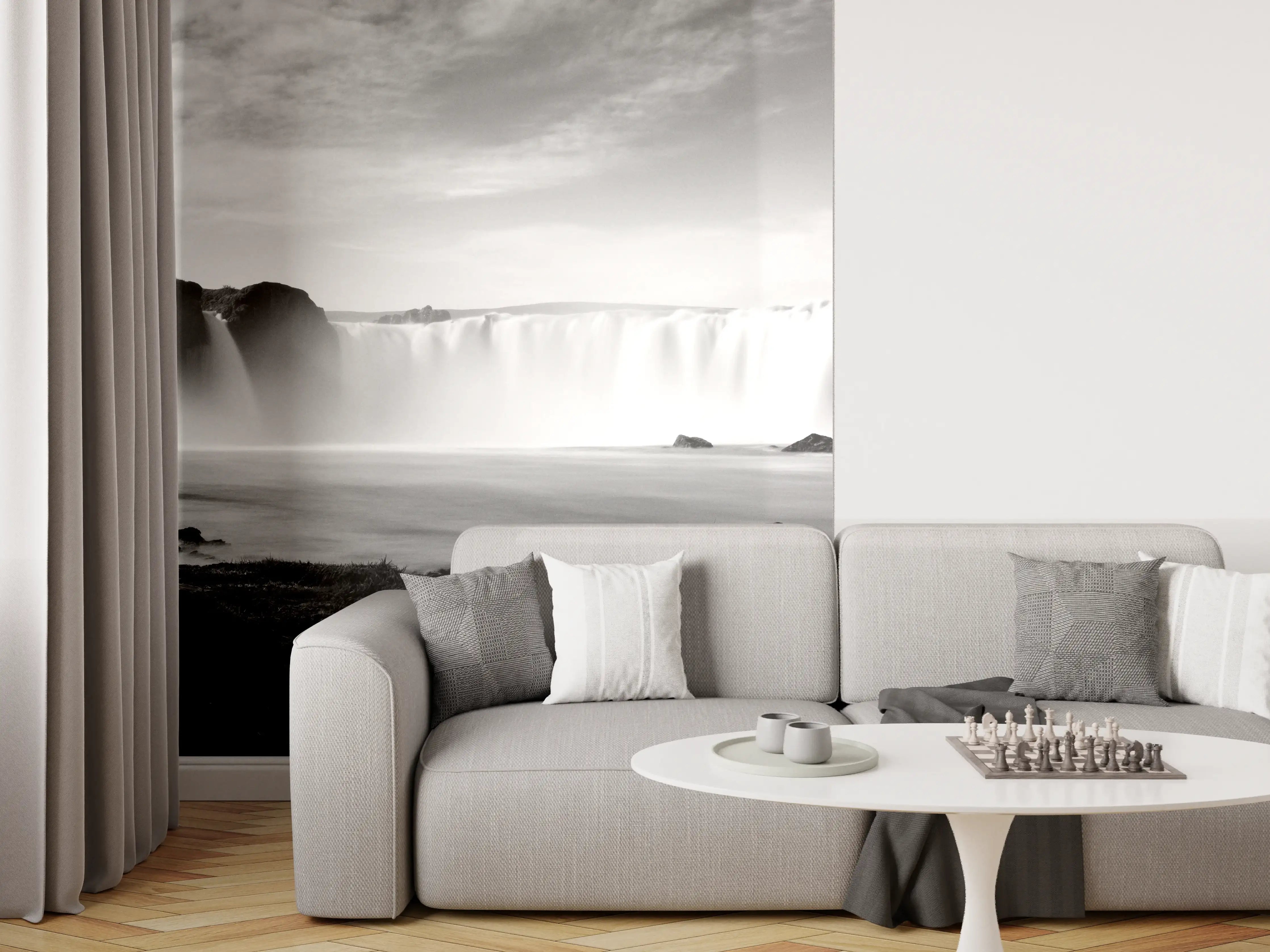 Wandverkleidung Wohnzimmer - Schwarz-Weiß Wasserfall Landschaft