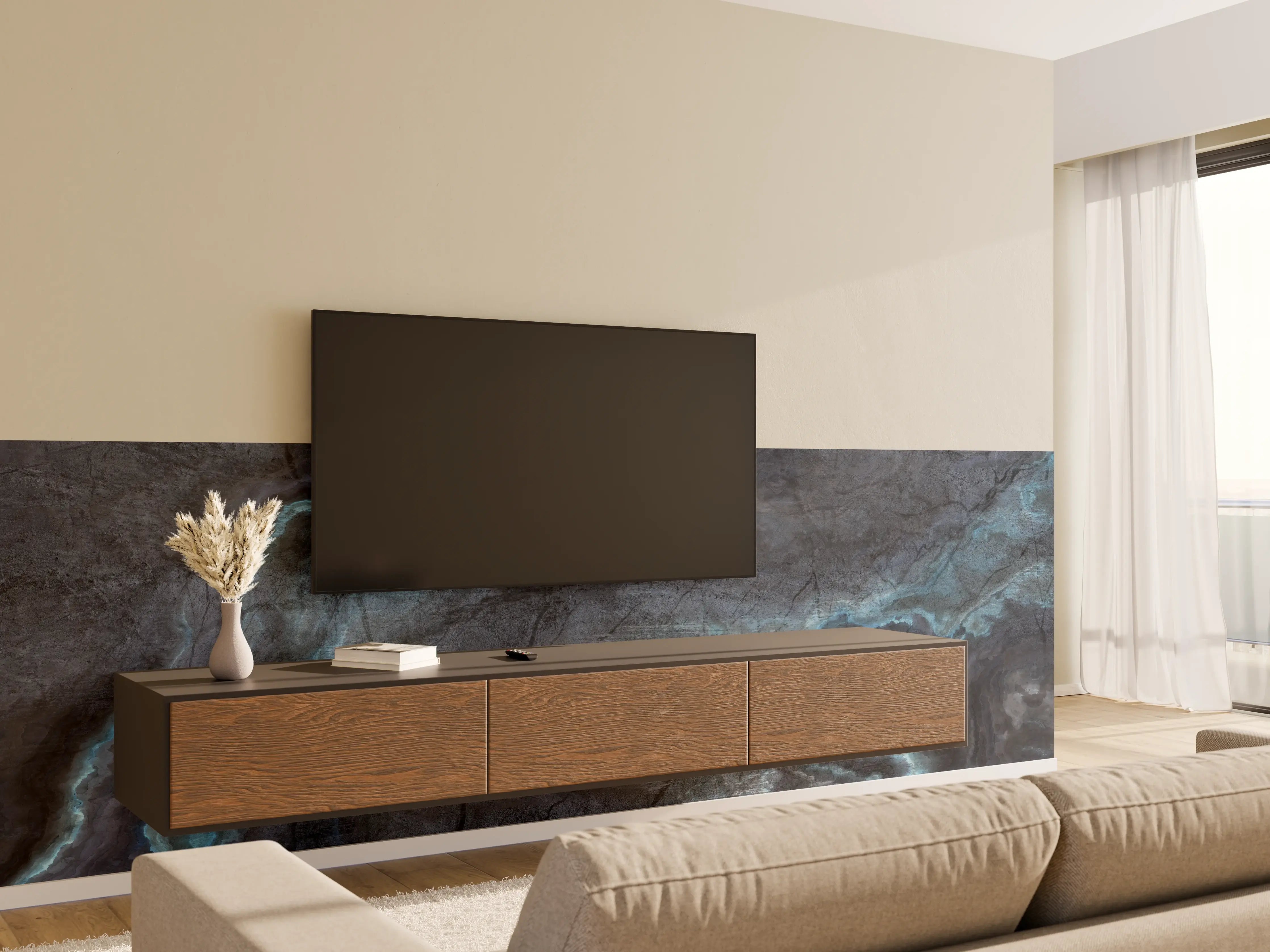 Wandverkleidung Wohnzimmer - Schwarz-blauer Steinhintergrund