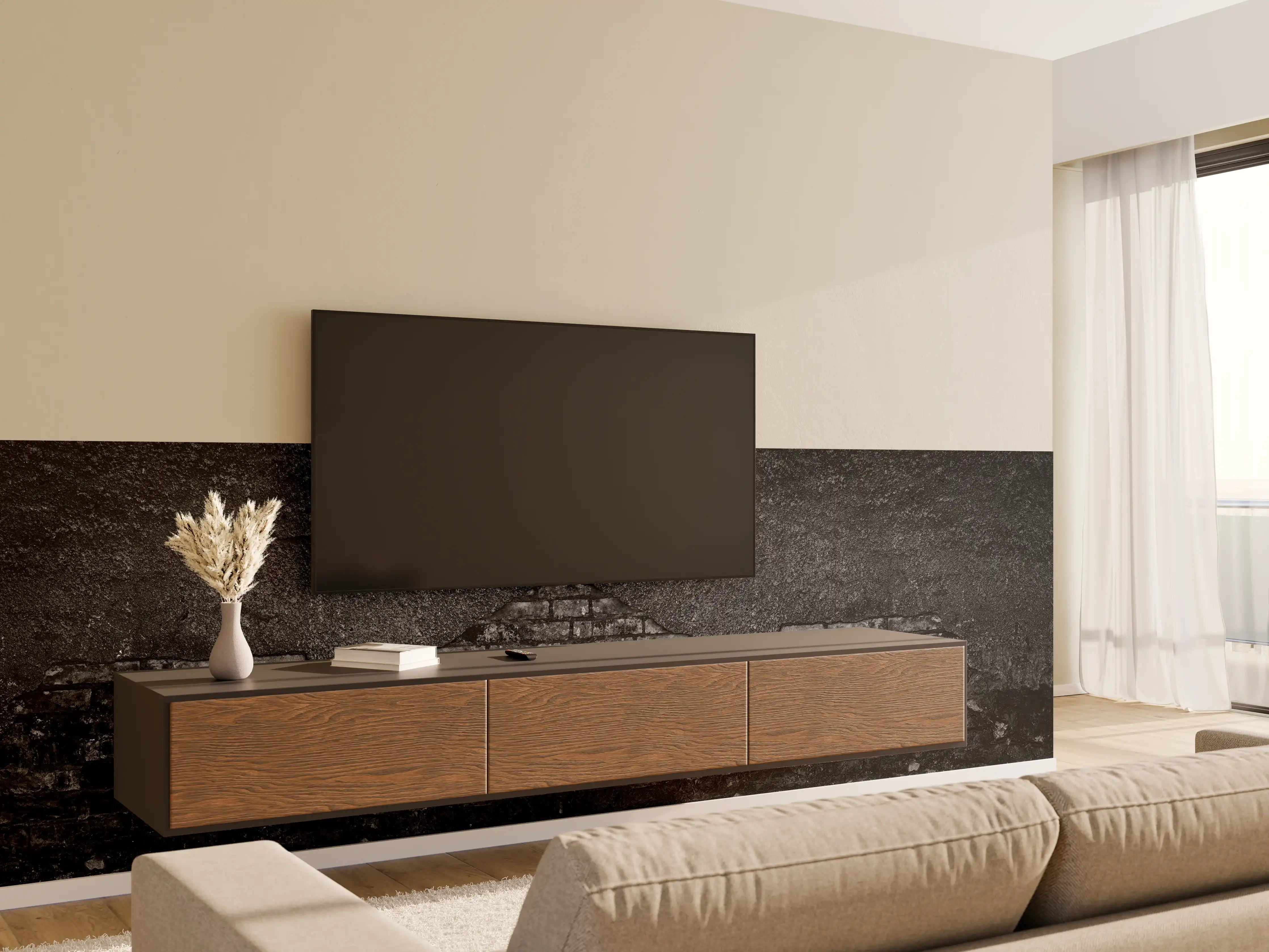 Wandverkleidung Wohnzimmer - Schwarz gebrannte Ziegelwand mit abgefallenem Putz