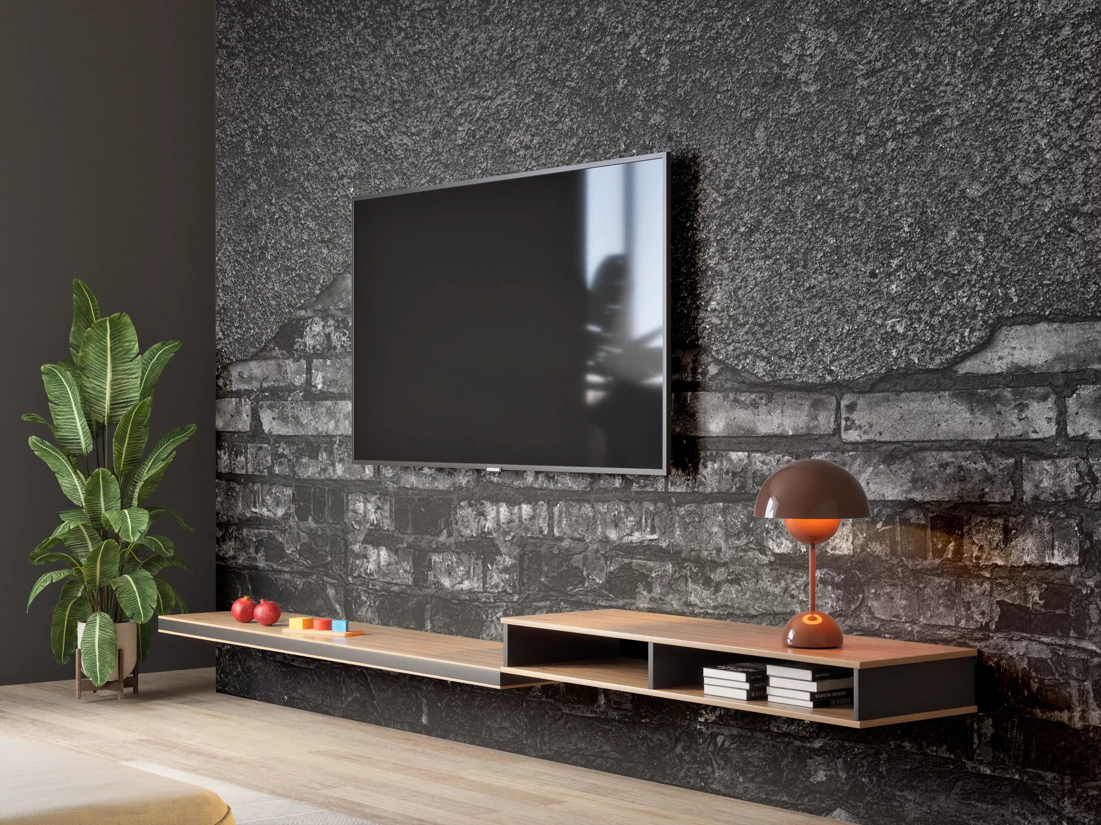 Wandverkleidung Wohnzimmer - Schwarz gebrannte Ziegelwand mit abgefallenem Putz