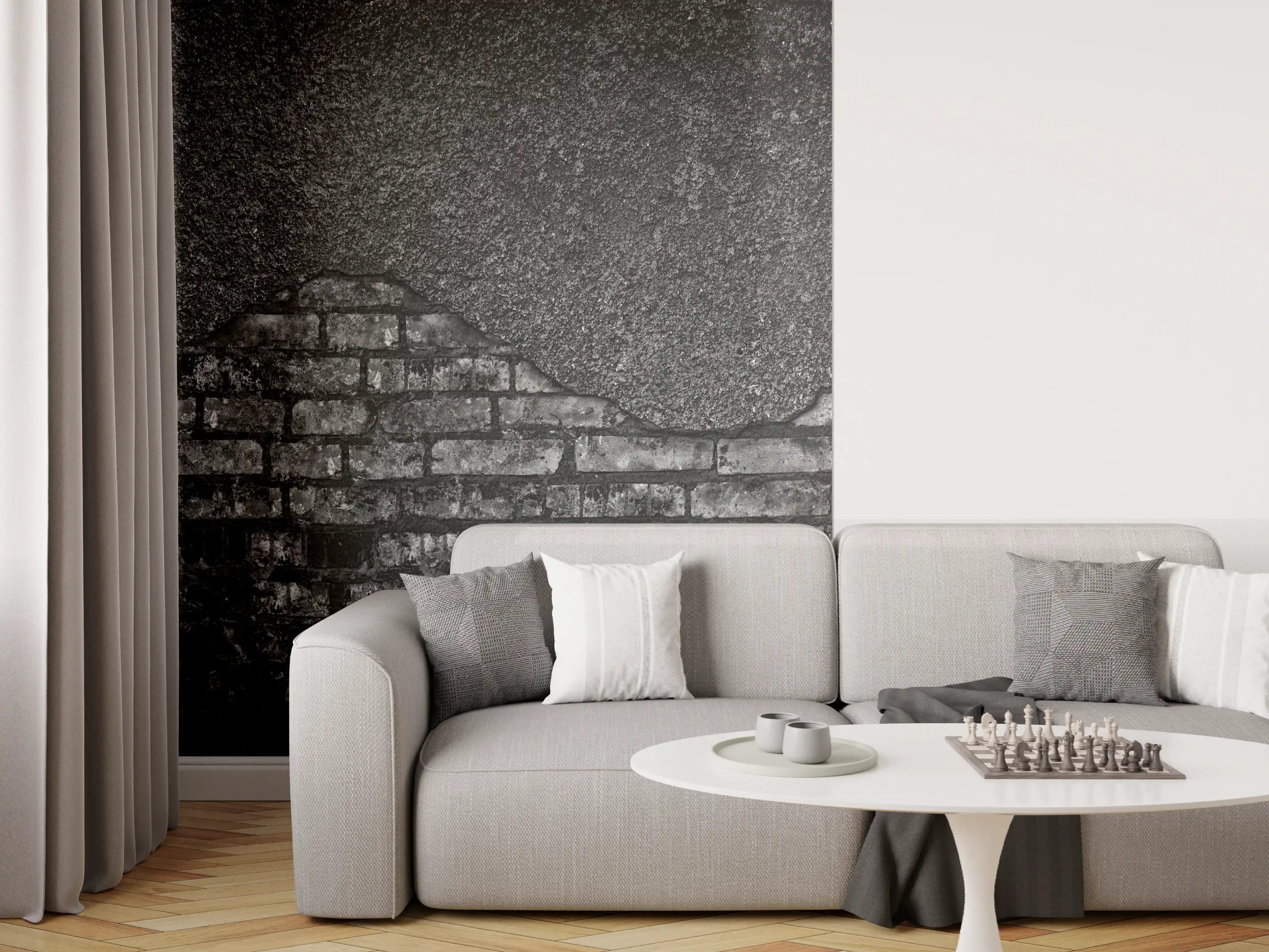 Wandverkleidung Wohnzimmer - Schwarz gebrannte Ziegelwand mit abgefallenem Putz