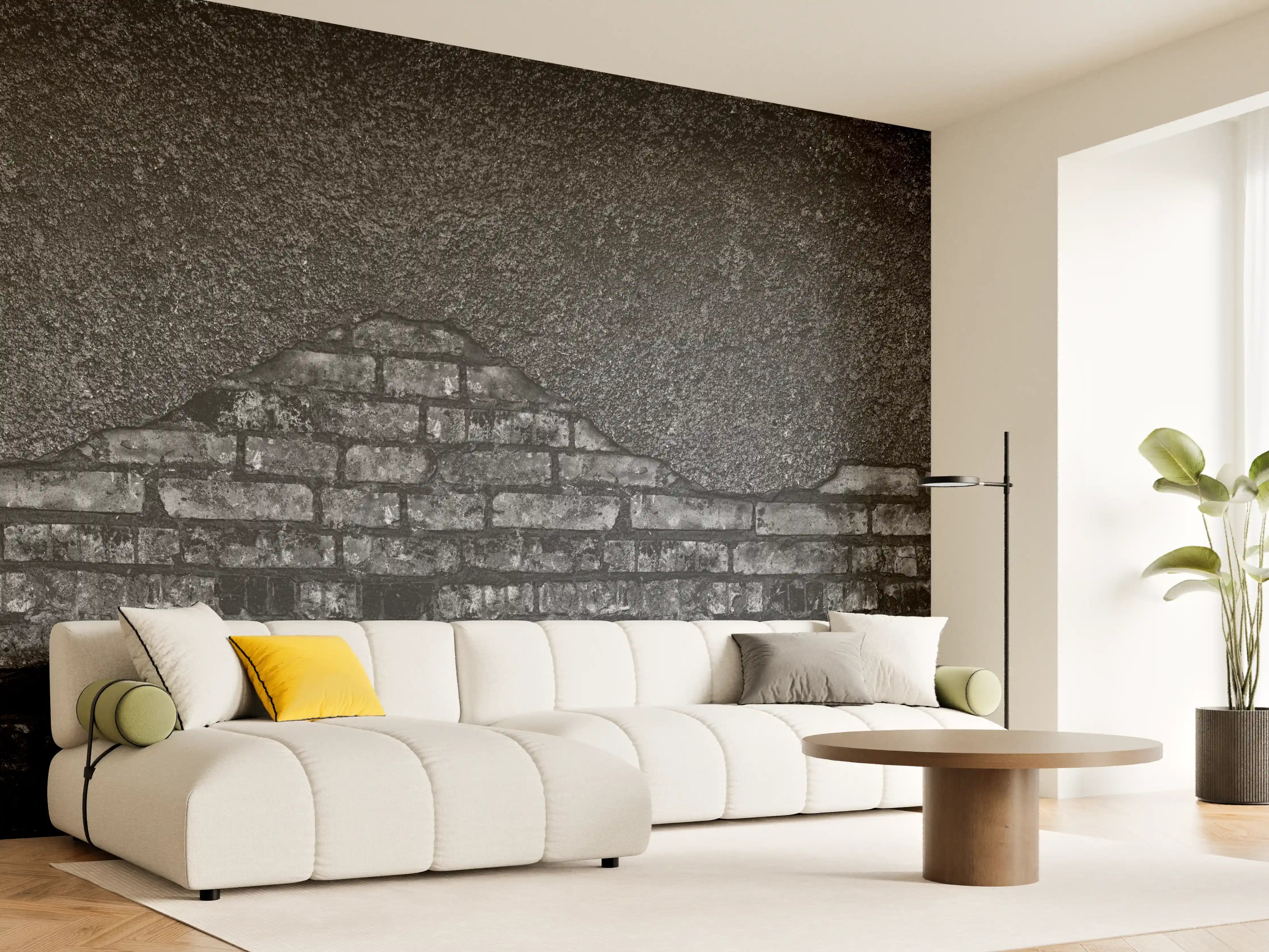 Wandverkleidung Wohnzimmer - Schwarz gebrannte Ziegelwand mit abgefallenem Putz