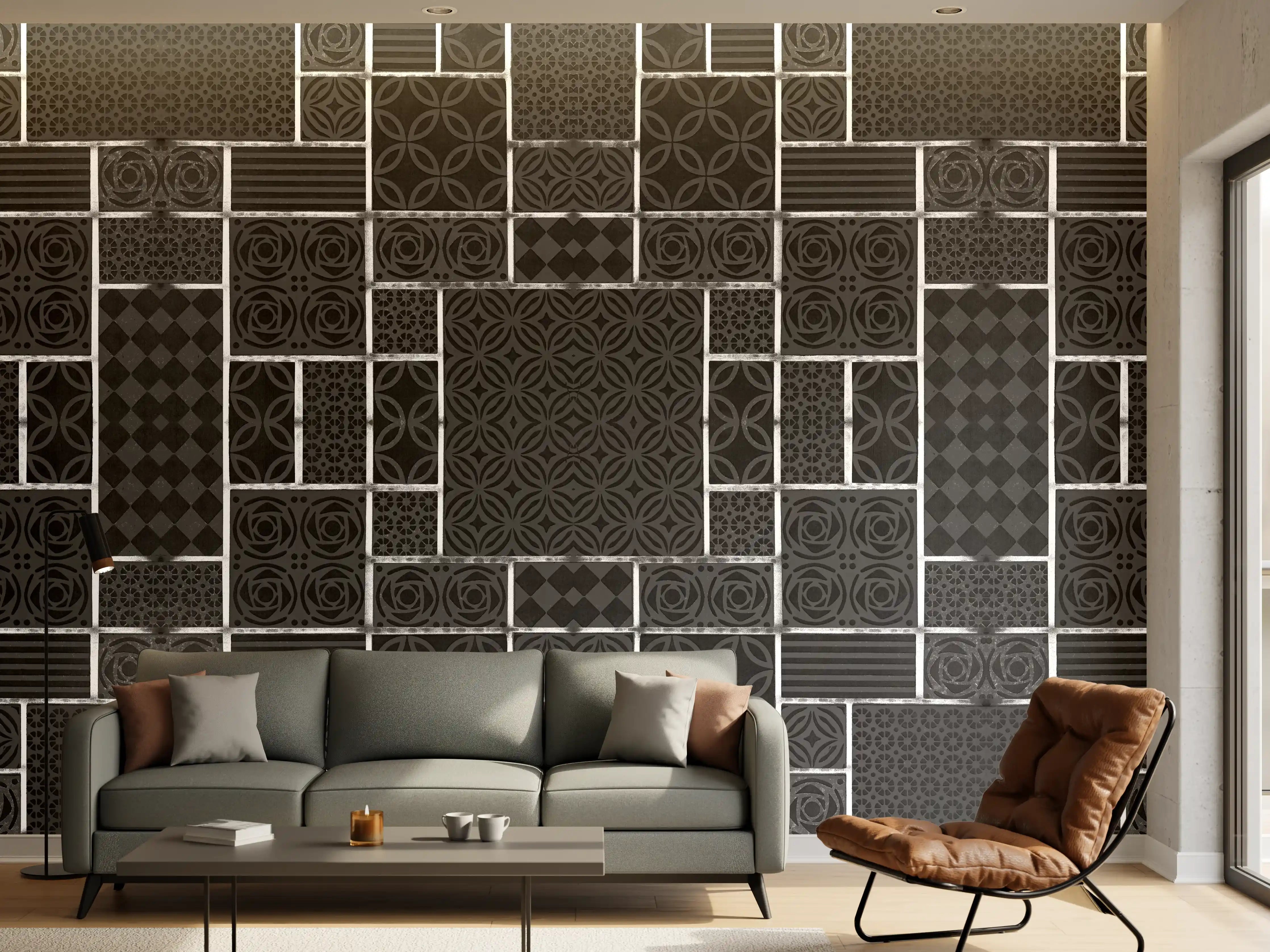 Wandverkleidung Wohnzimmer - Schwarz geometrische Fliesen