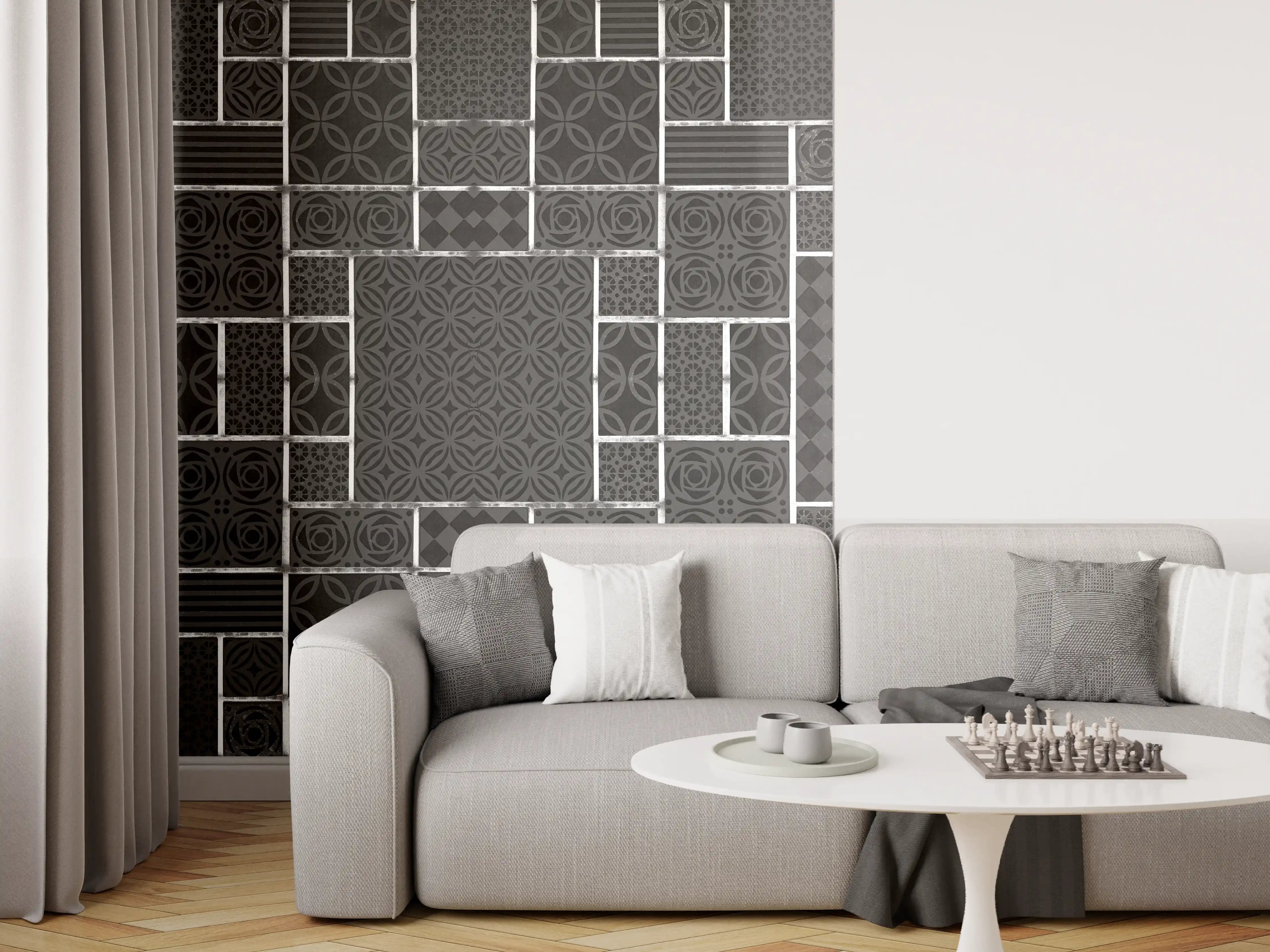 Wandverkleidung Wohnzimmer - Schwarz geometrische Fliesen
