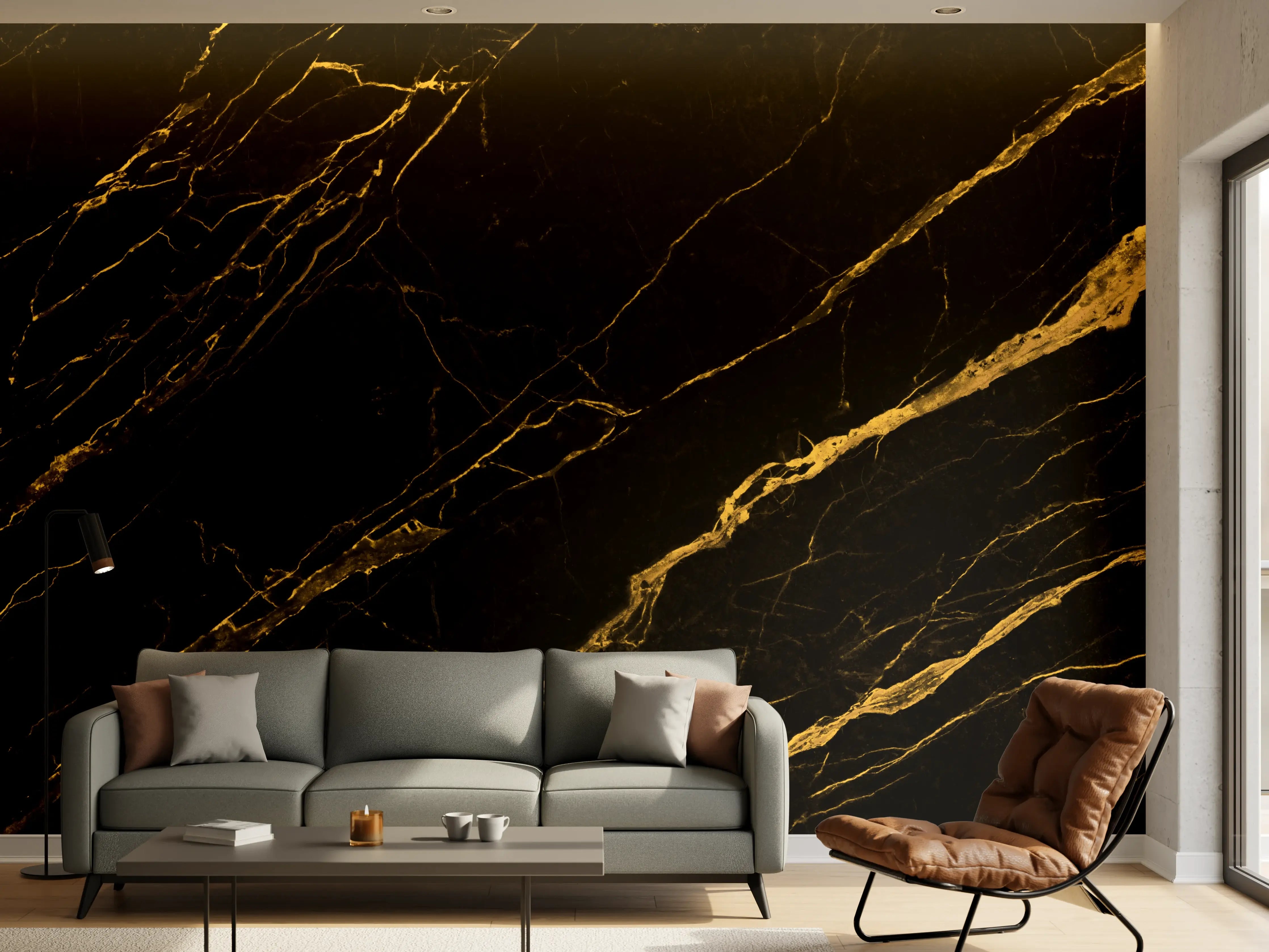 Wandverkleidung Wohnzimmer - Schwarz goldener Marmor