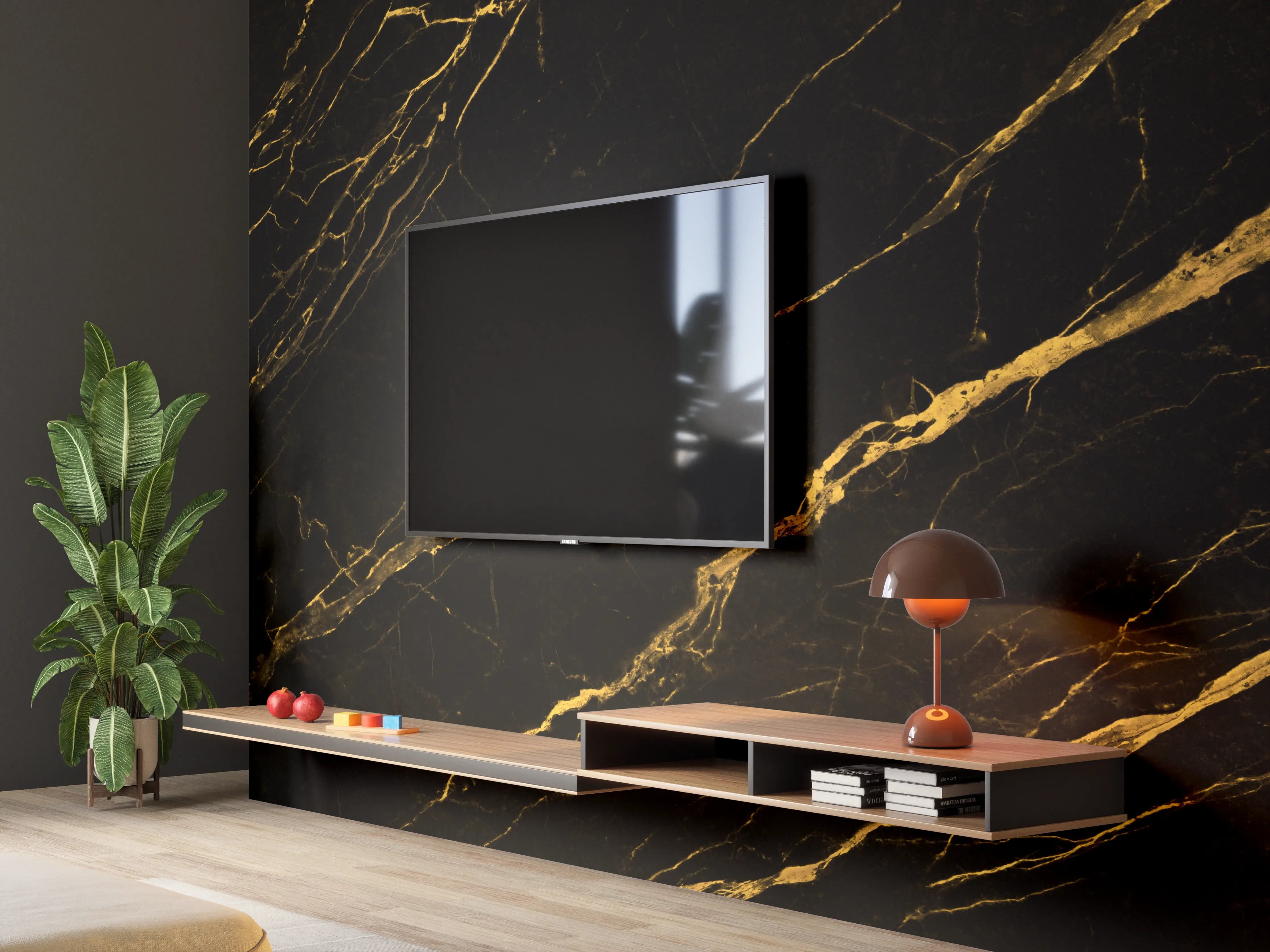 Wandverkleidung Wohnzimmer - Schwarz goldener Marmor