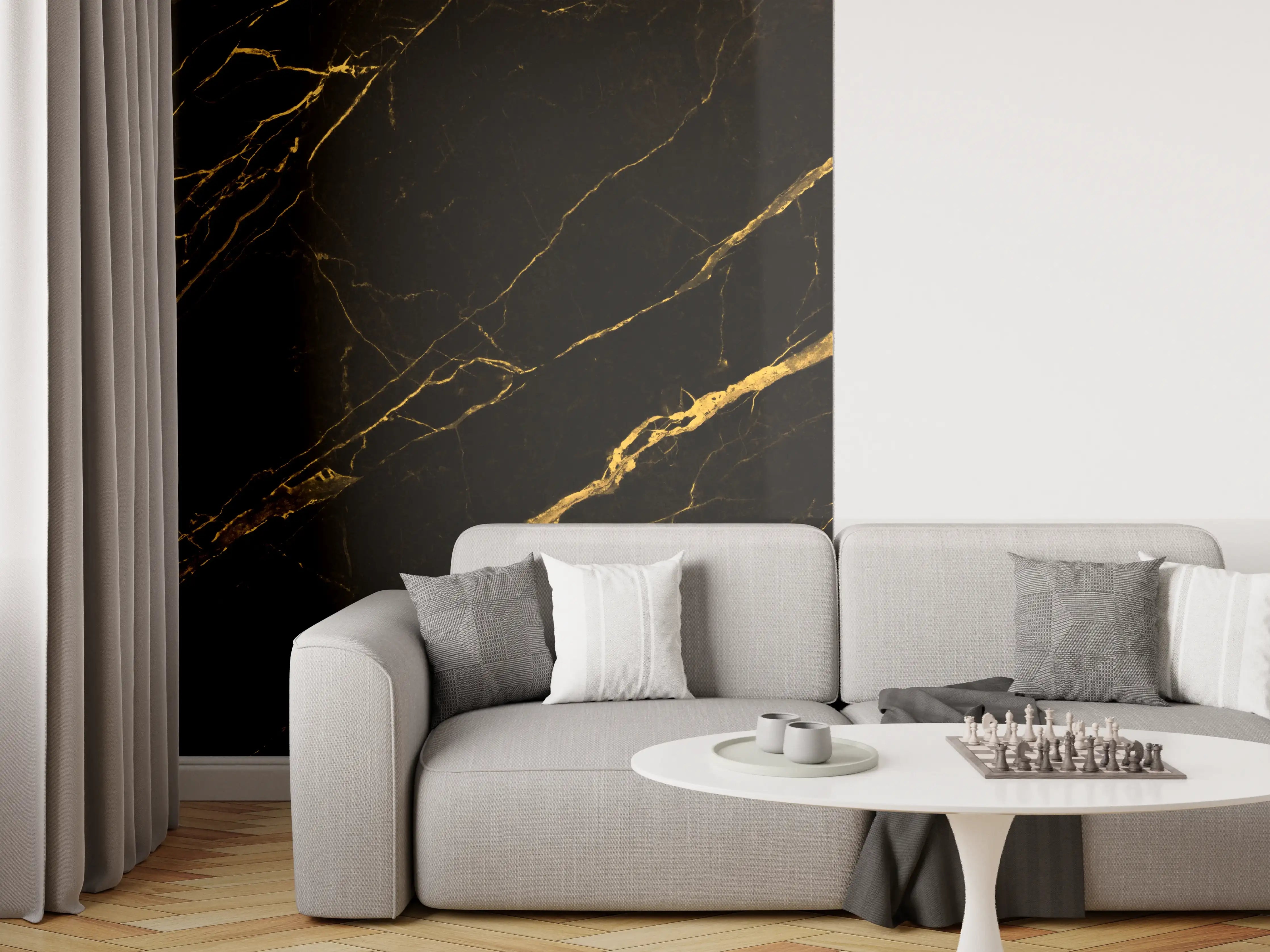Wandverkleidung Wohnzimmer - Schwarz goldener Marmor