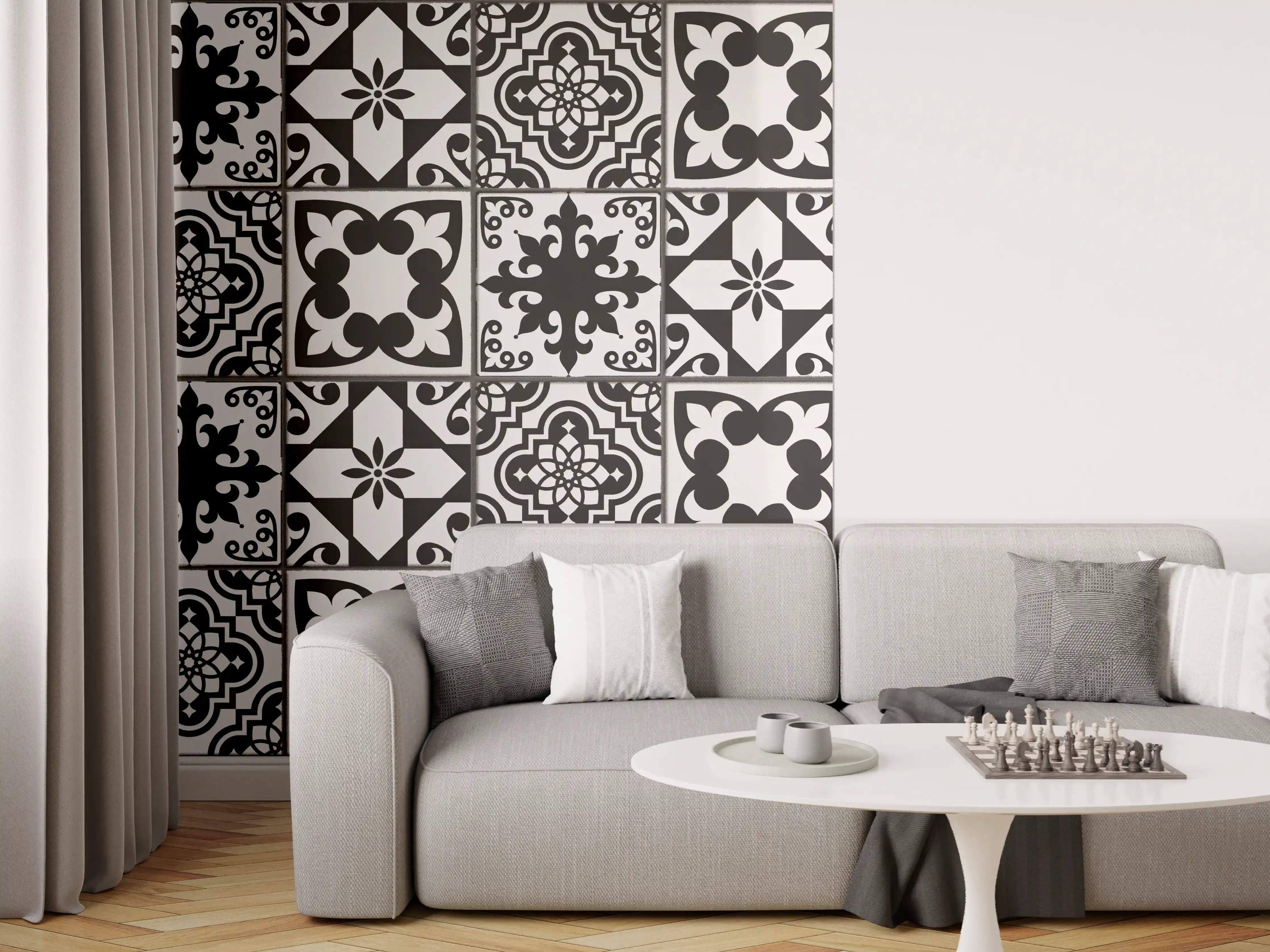 Wandverkleidung Wohnzimmer - Schwarz-grau Vintage Fliesen