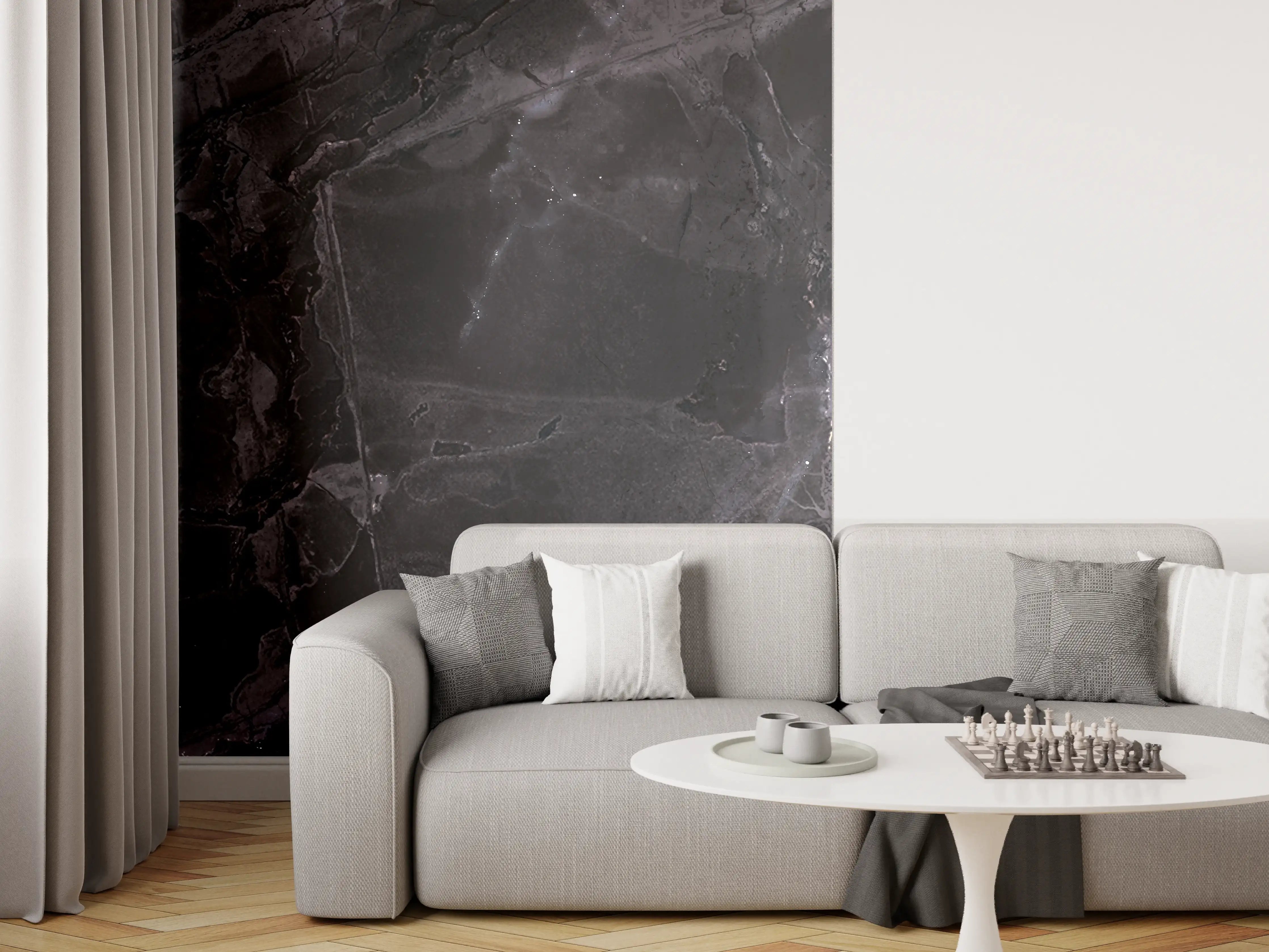 Wandverkleidung Wohnzimmer - Schwarz-grauer Marmor
