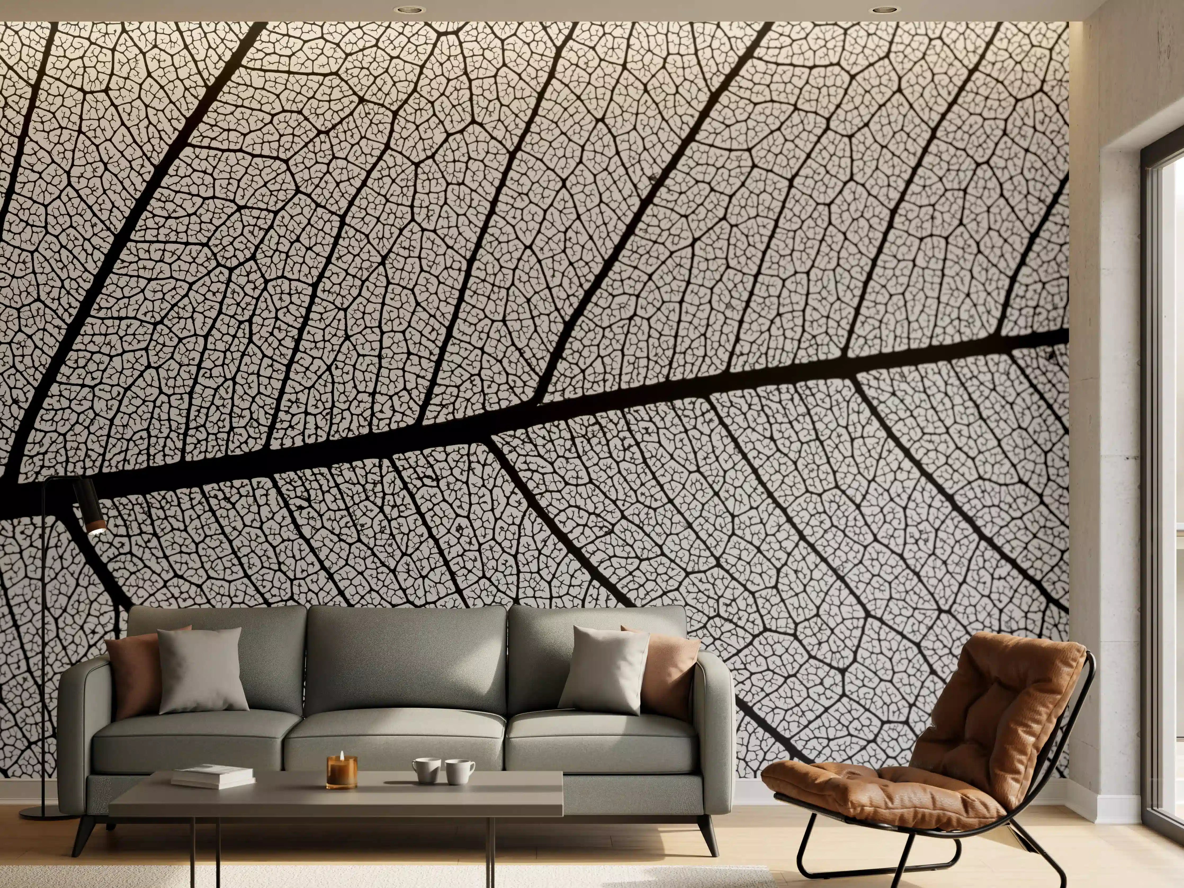 Wandverkleidung Wohnzimmer - Schwarz-graues Blättermuster mit feinen Strukturen