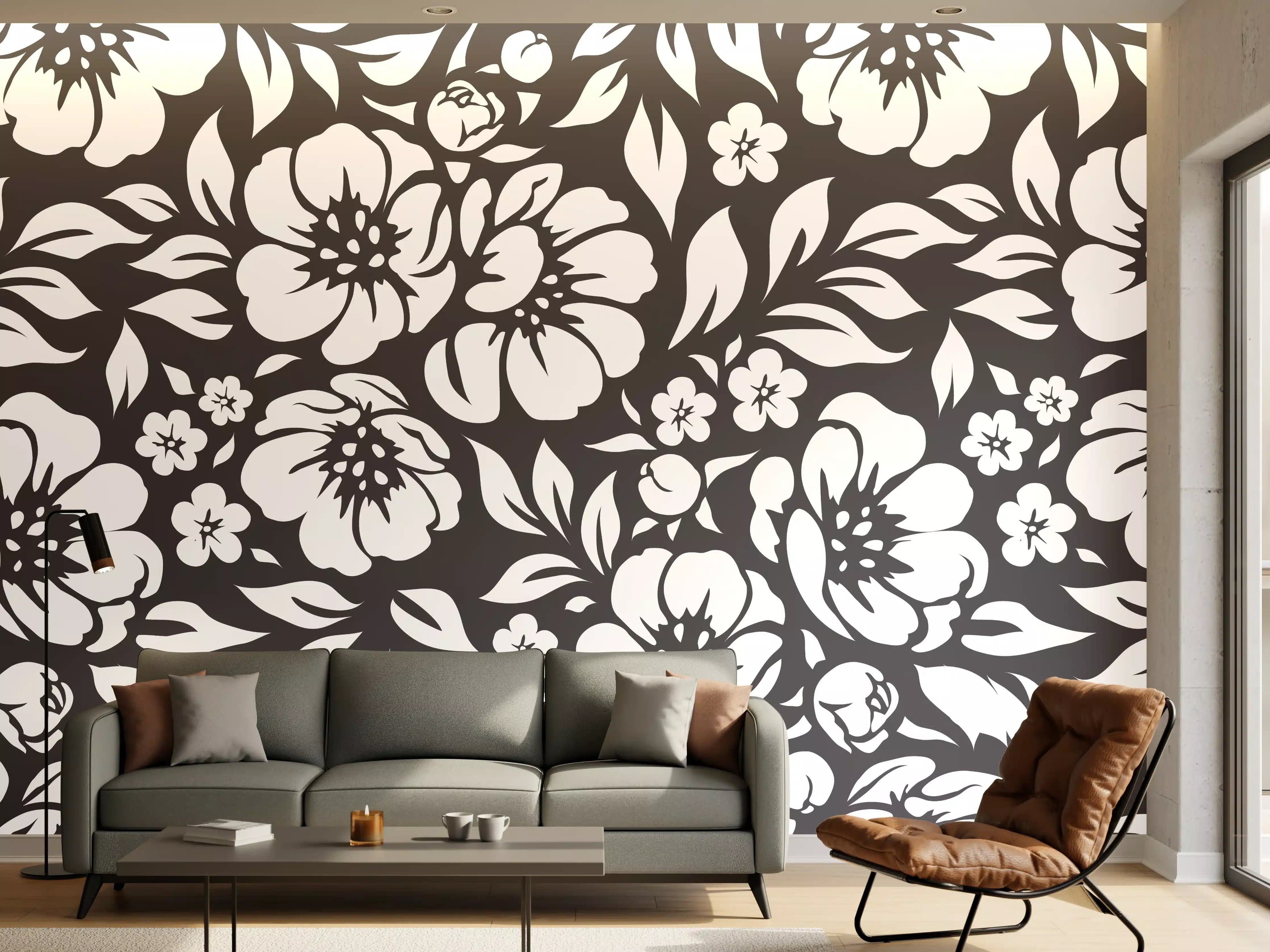 Wandverkleidung Wohnzimmer - Schwarz-weiße Blumenmuster - Elegant und zeitlos