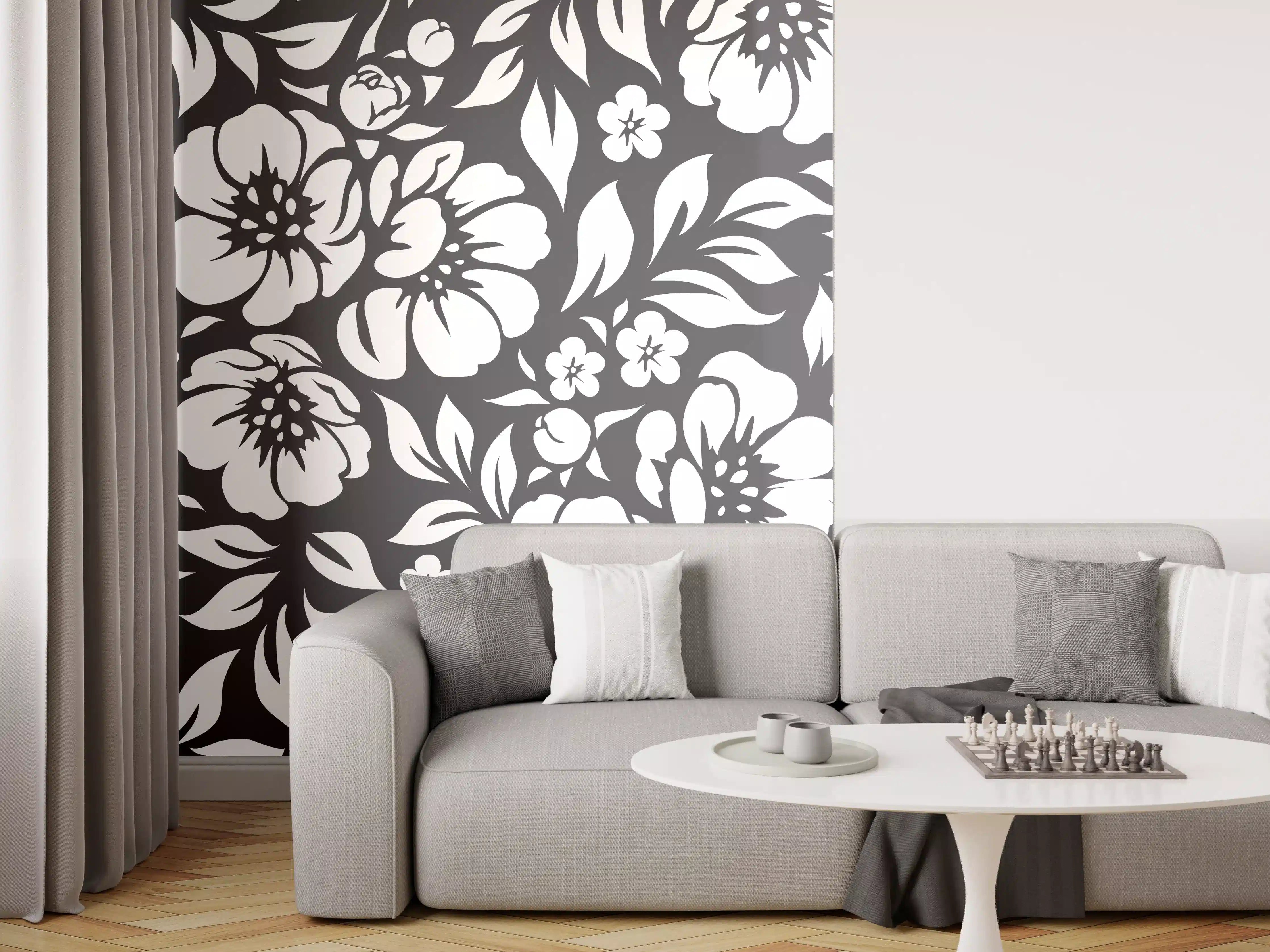Wandverkleidung Wohnzimmer - Schwarz-weiße Blumenmuster - Elegant und zeitlos
