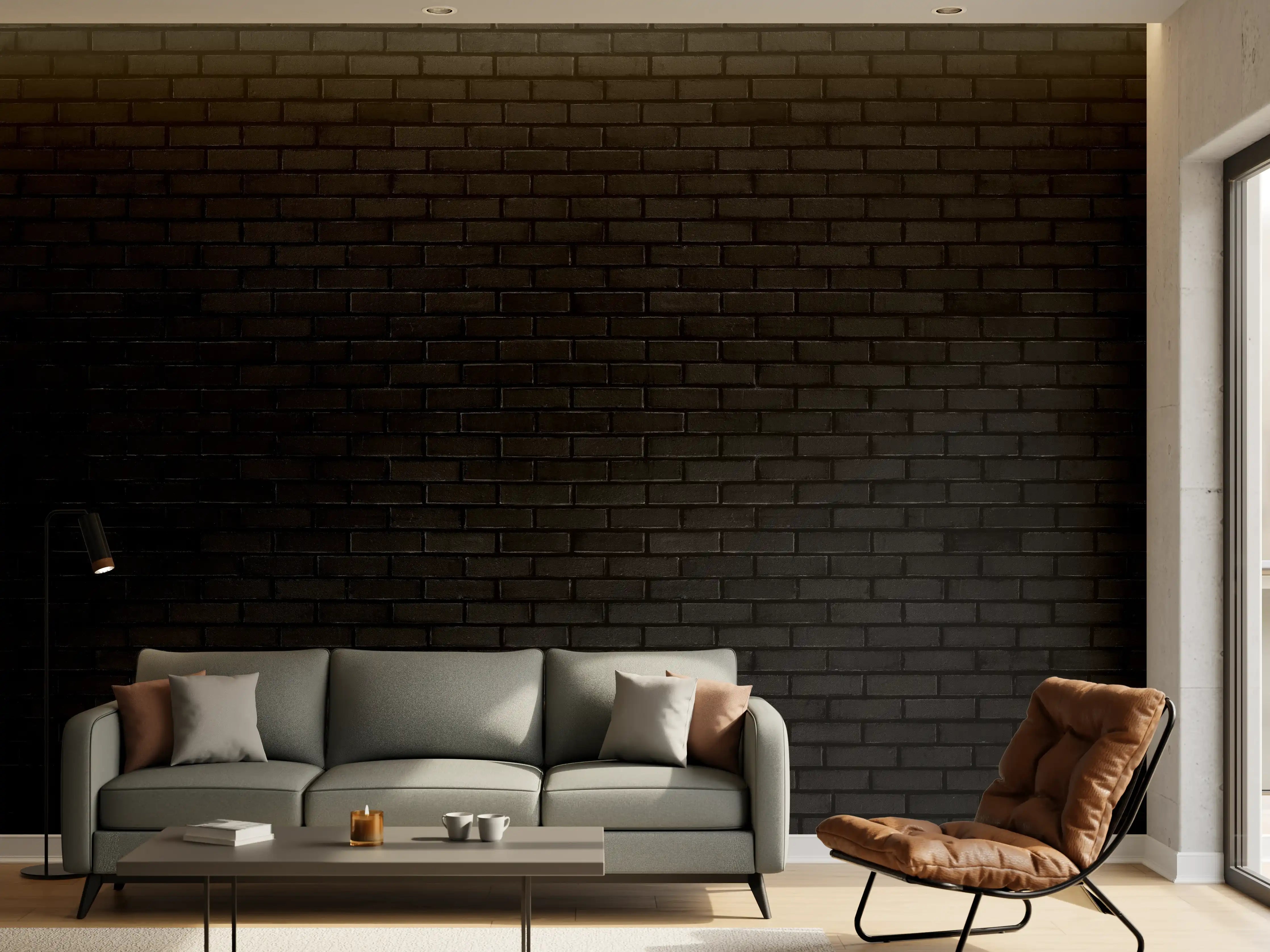 Wandverkleidung Wohnzimmer - Schwarze Backsteinmauer 1