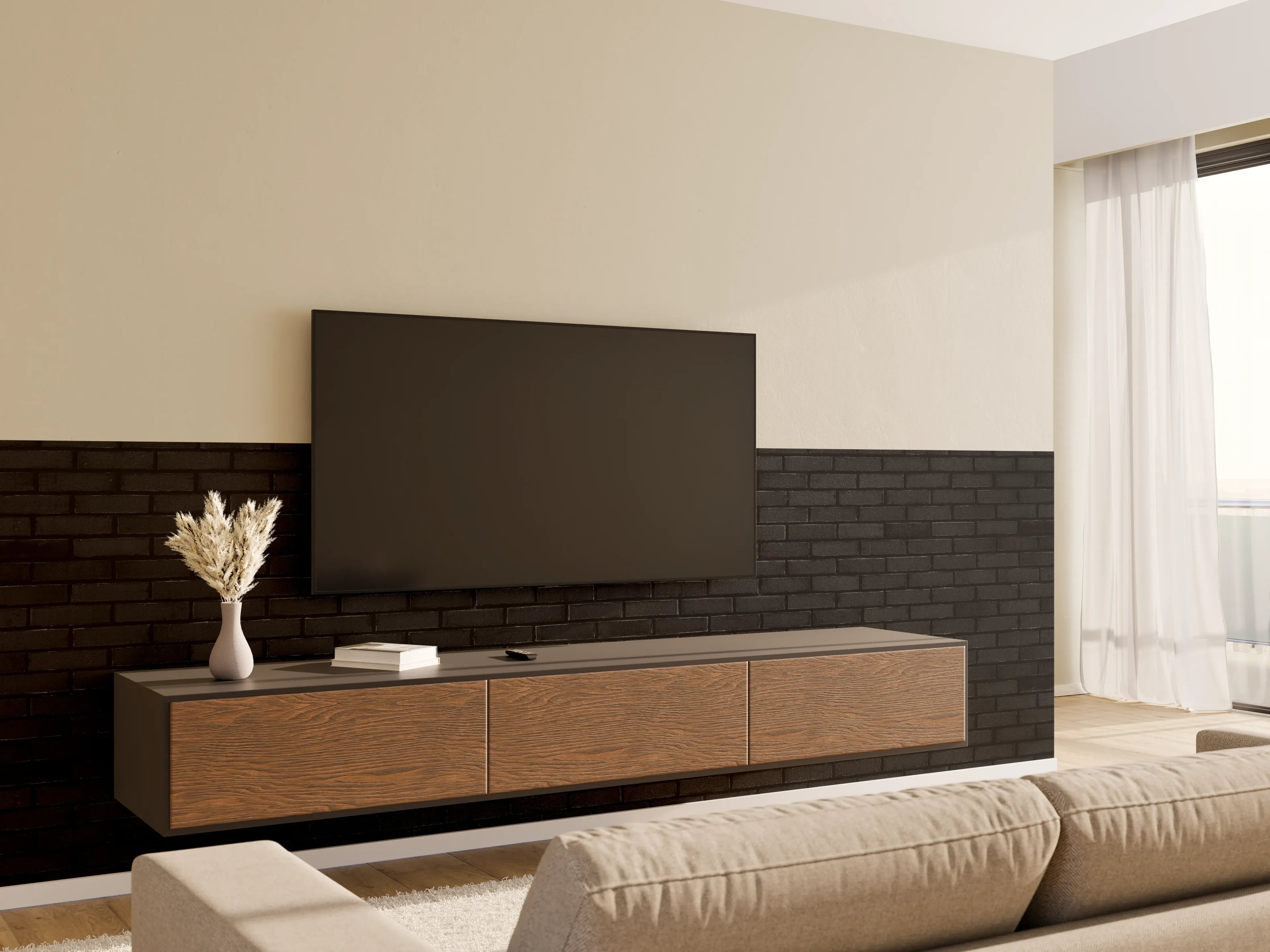 Wandverkleidung Wohnzimmer - Schwarze Backsteinmauer 1
