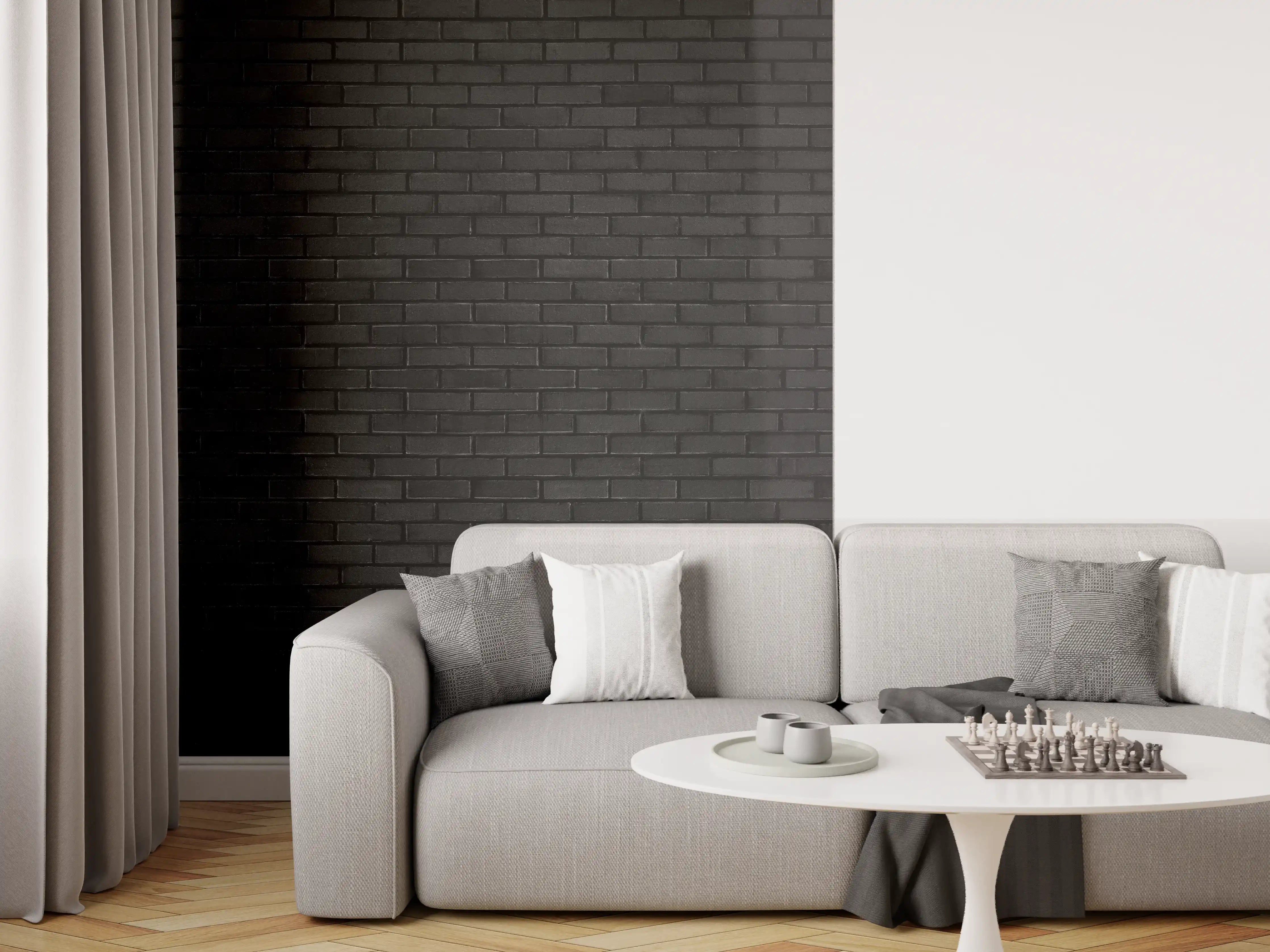 Wandverkleidung Wohnzimmer - Schwarze Backsteinmauer 1