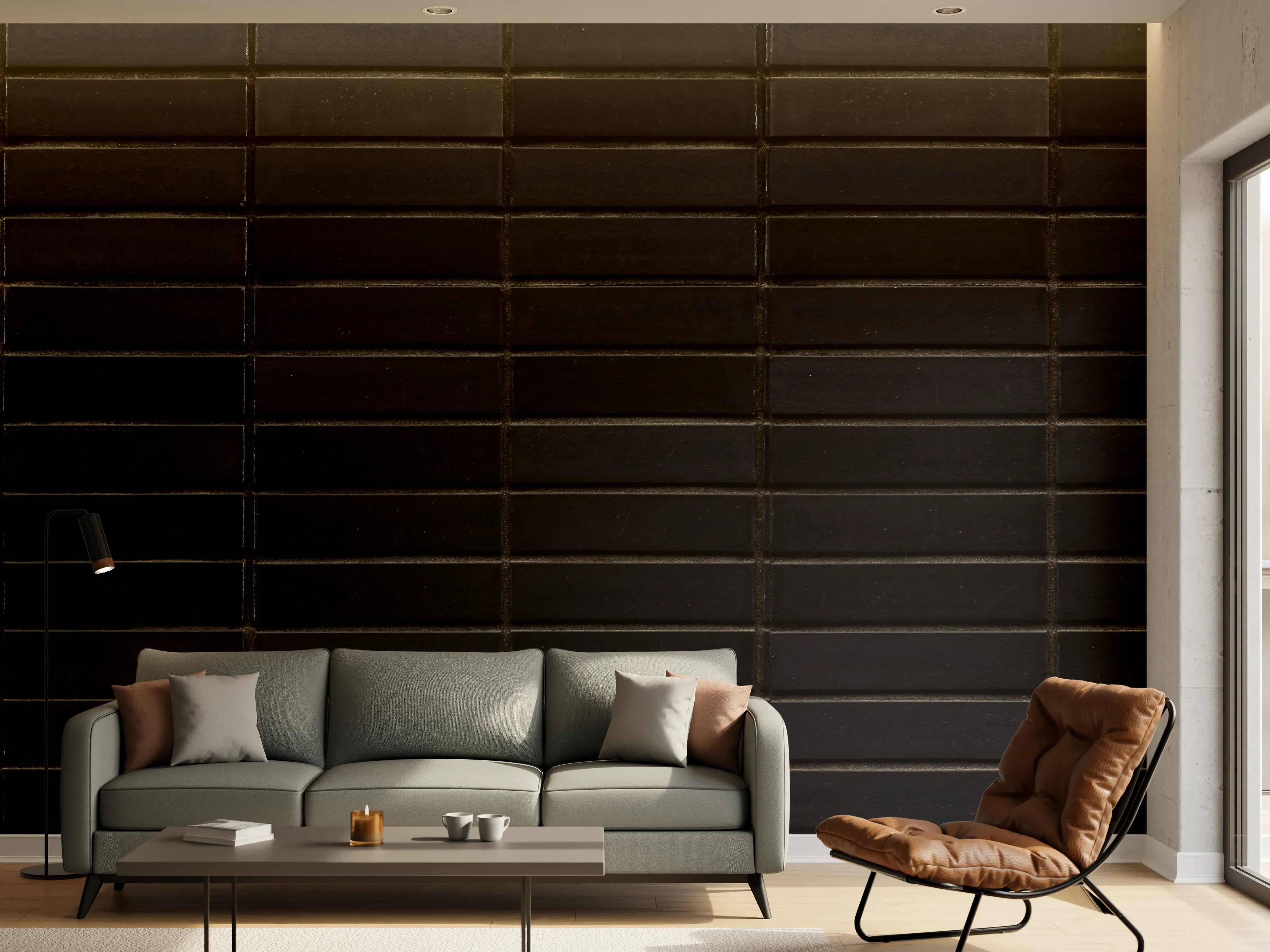 Wandverkleidung Wohnzimmer - Schwarze Backsteinmauer mit goldener Akzent