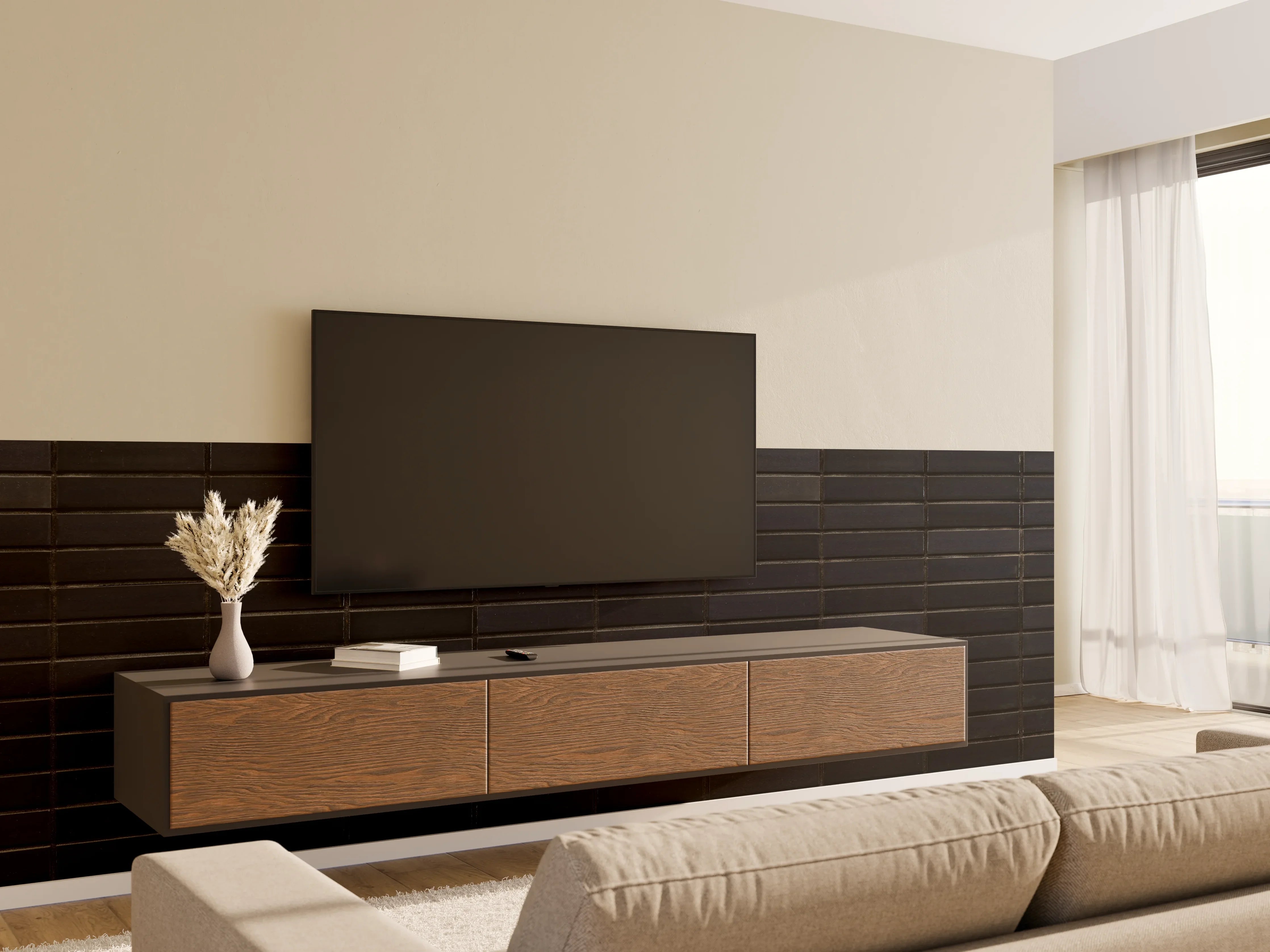 Wandverkleidung Wohnzimmer - Schwarze Backsteinmauer mit goldener Akzent