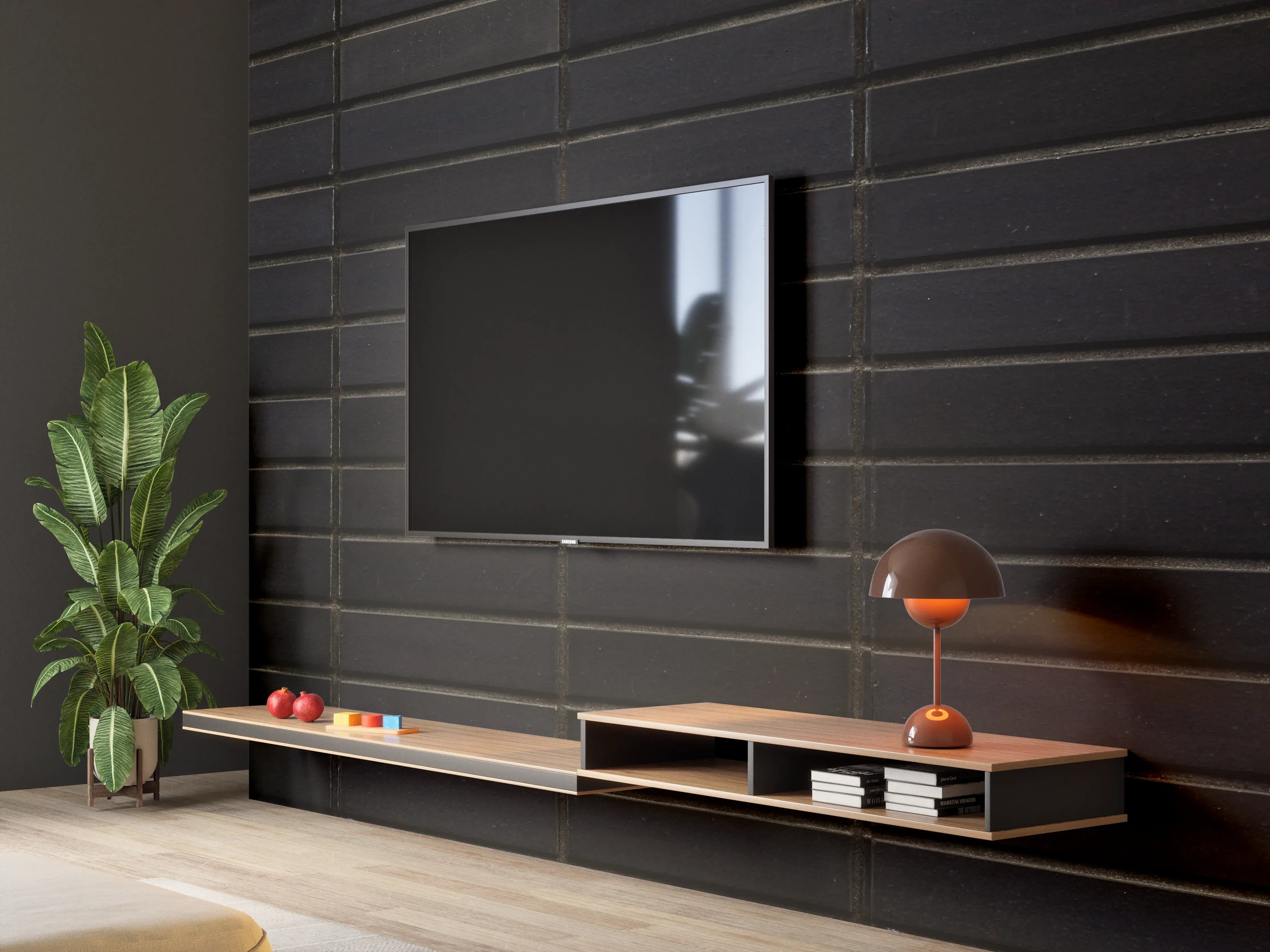 Wandverkleidung Wohnzimmer - Schwarze Backsteinmauer mit goldener Akzent