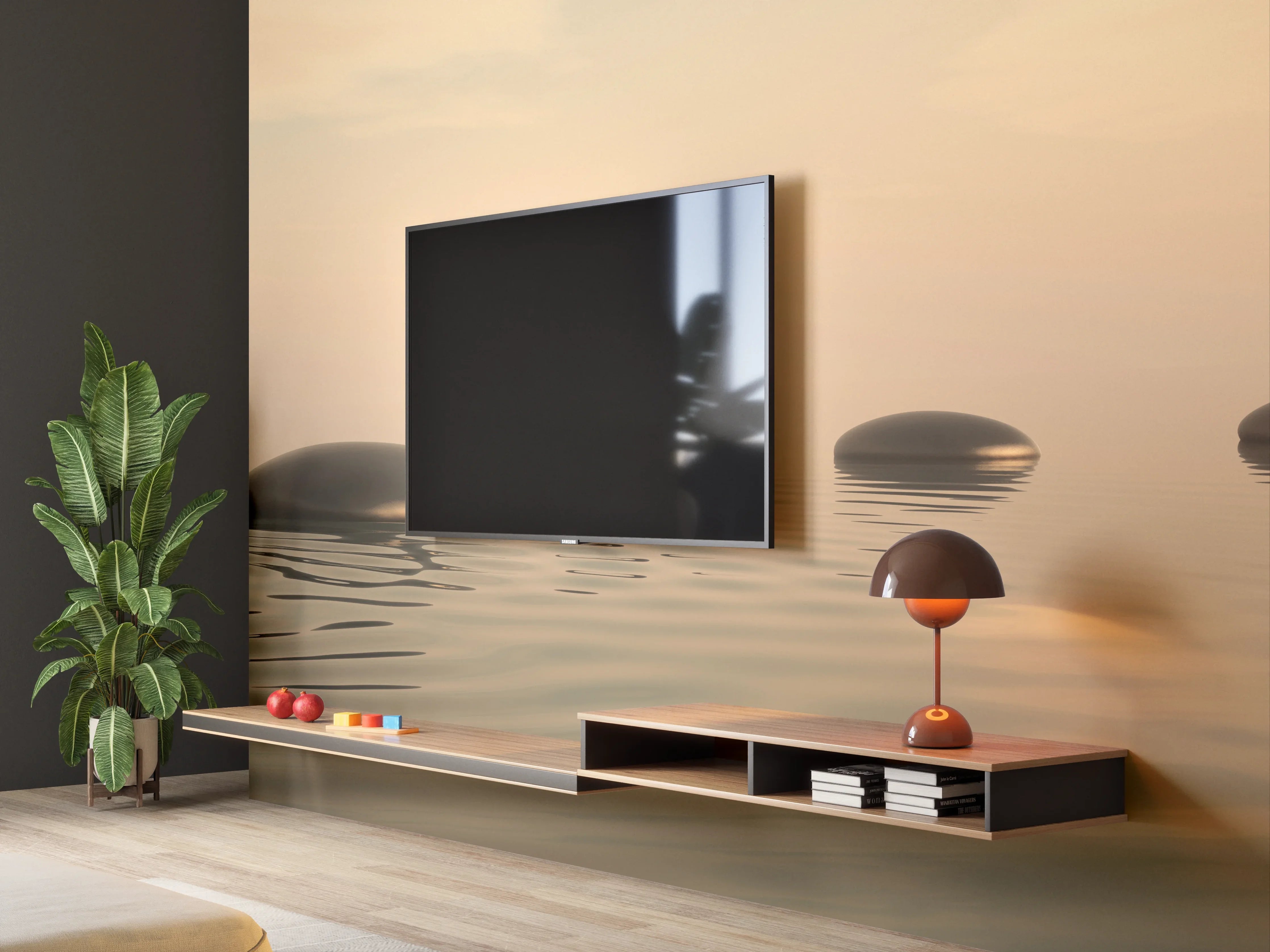 Wandverkleidung Wohnzimmer - Schwarze Zen-Steine auf ruhigem Beige