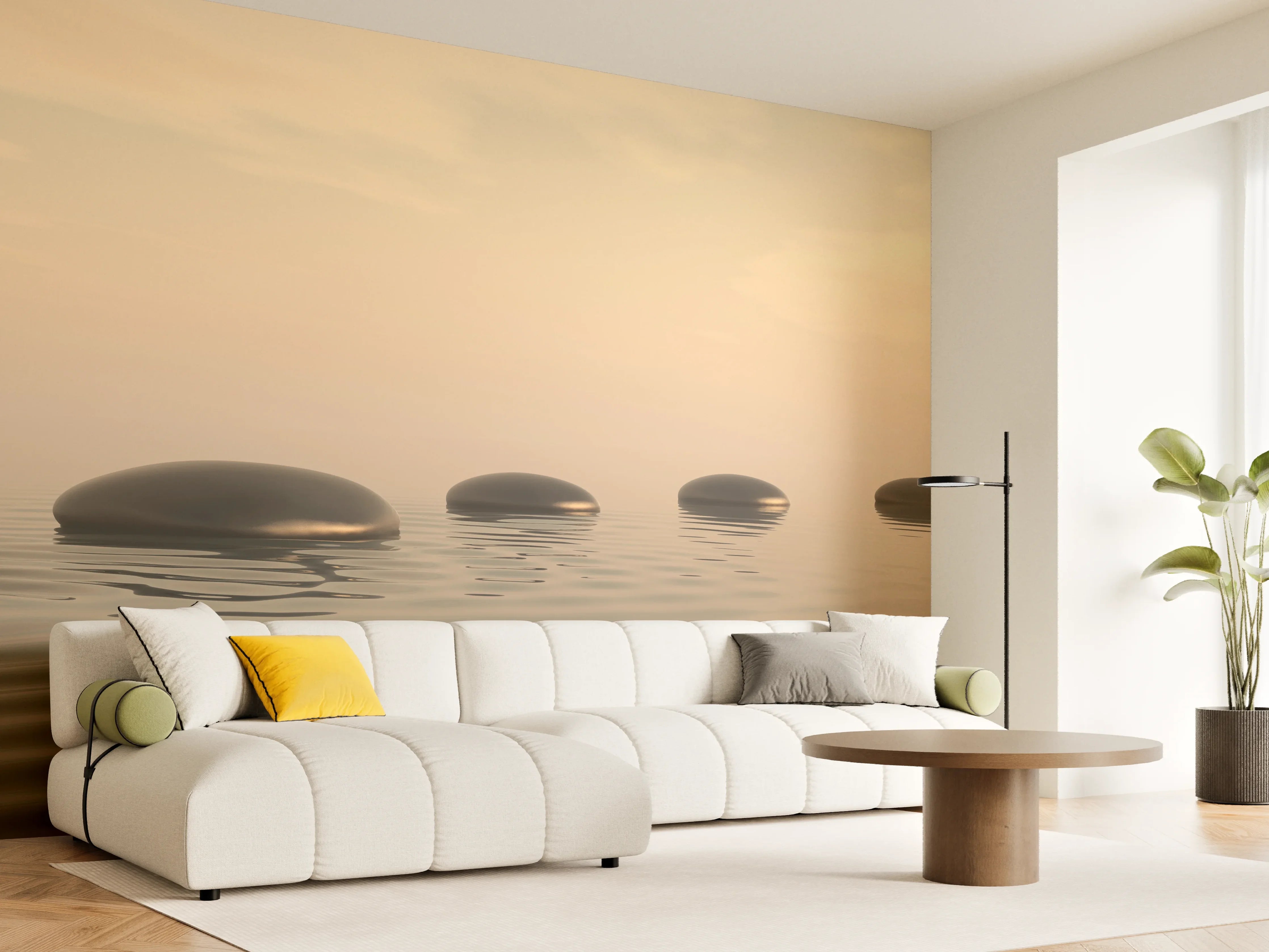 Wandverkleidung Wohnzimmer - Schwarze Zen-Steine auf ruhigem Beige